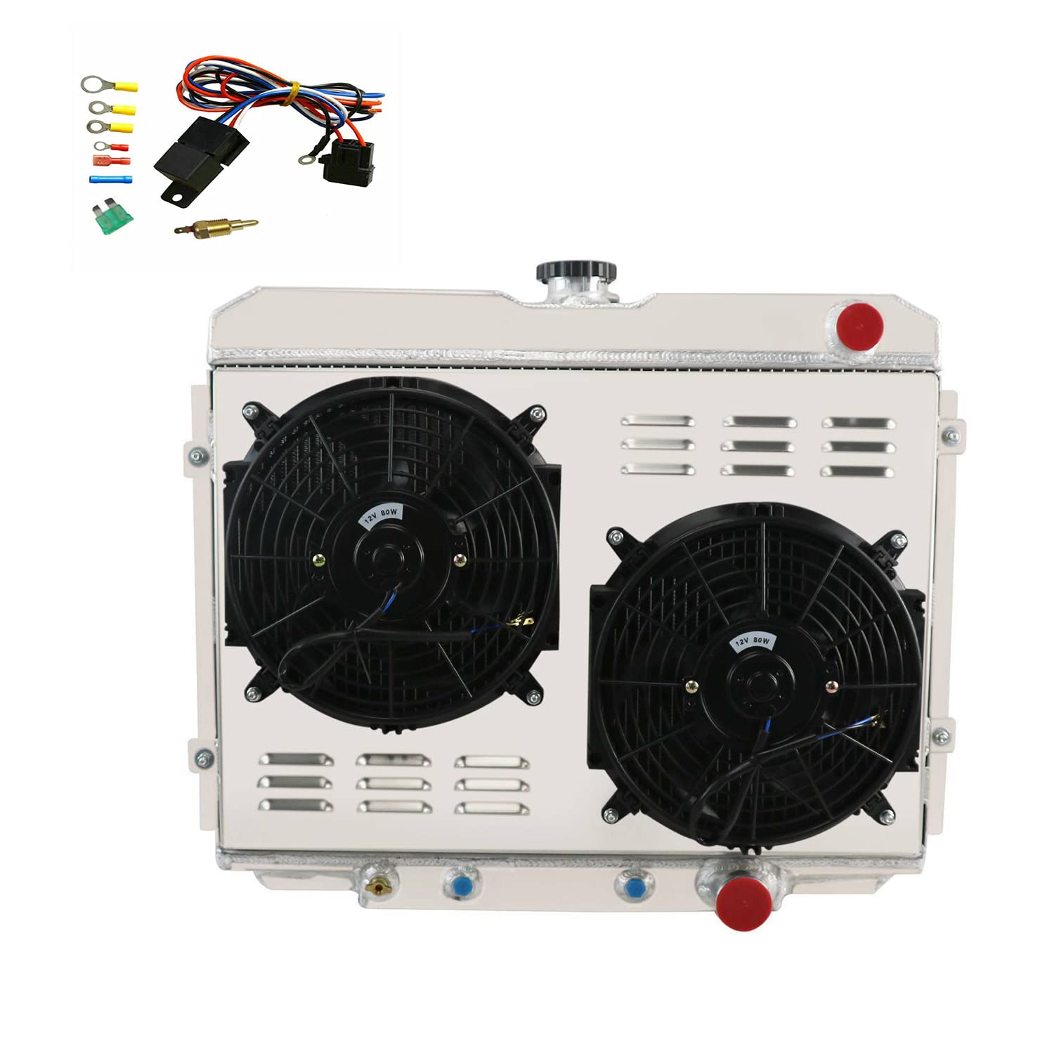High-Performance 4-Row Aluminum Radiator for 1967-1970 Ford Mustang, Fairlane, Ranchero & Mercury Cougar 4.7L 5.0L 5.8L V8 - Complete Cooling Kit with Shroud, Fan & Relay - Perfect for Classic Car Restoration & Hot Rod Upgrades
