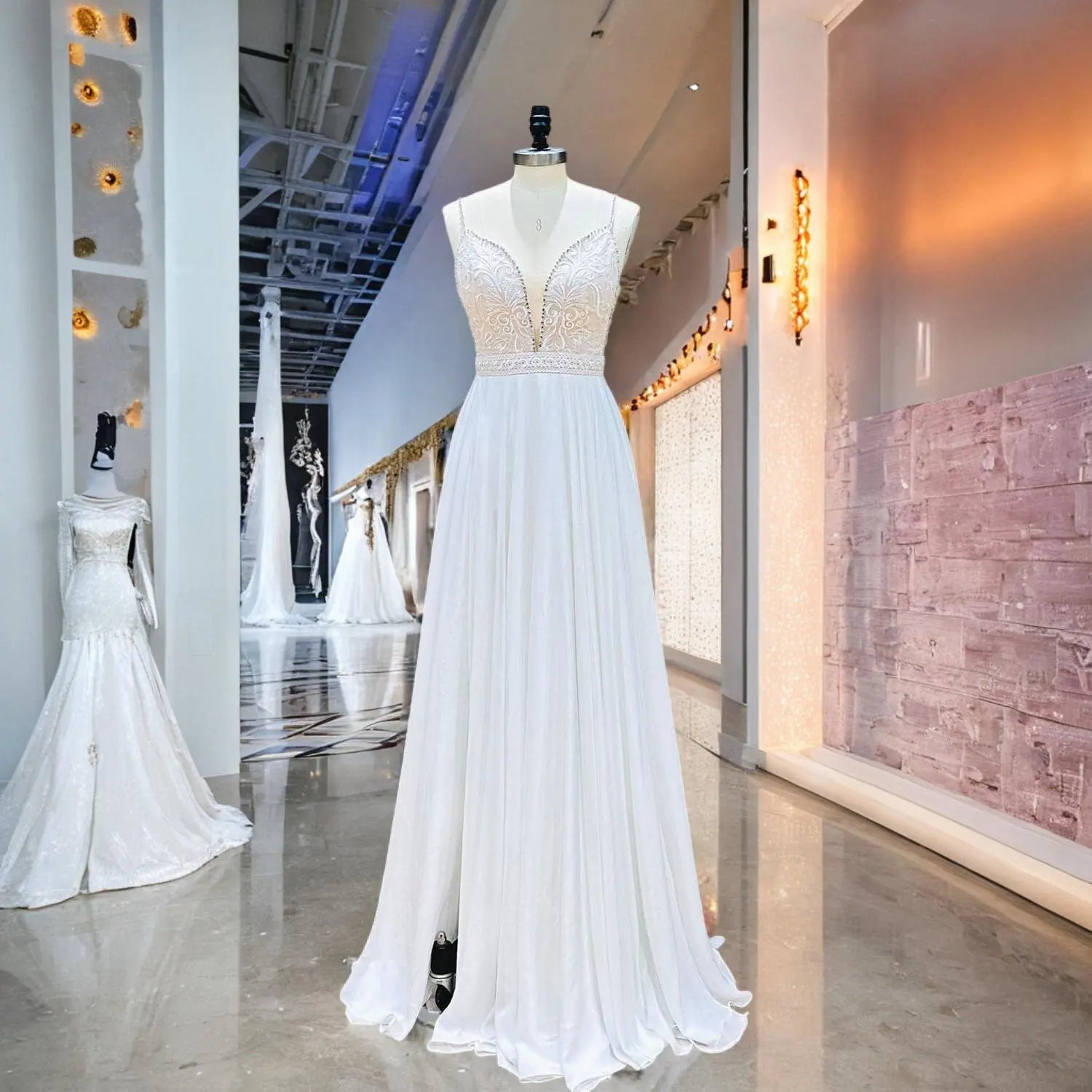Elegant Deep V Neck Backless Chiffon Wedding Dress with Crystal Strap & High Slit - Perfect for Beach Weddings, Evening Galas, and Romantic Photoshoots
