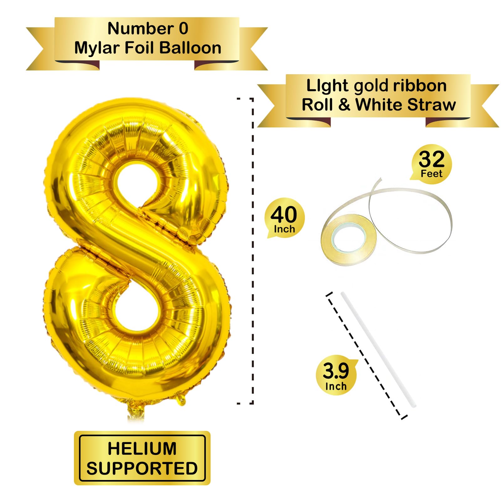 40 Inch Gold Number 8 Balloons - Helium Mylar Foil Birthday Decorations for Kids 8th Birthday Party, Anniversary & Special Events - Perfect for Indoor/Outdoor Party Decor, Photo Backdrops & Celebration Displays