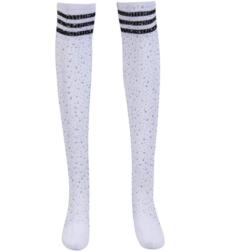 Sexy Sparkle Rhinestone Over Knee Socks - Party & Casual Wear (White+Black Stripe)
