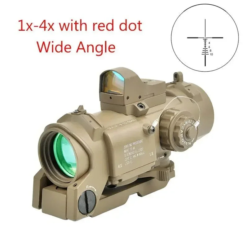 1-4x24 Wide Angle Tactical Rifle Scope with Mini Red Dot Sight | Dual Purpose Hunting & Shooting Accessory | Includes Rubber Covers (Black/Tan) | Perfect for Hunting, Target Practice & Tactical Training