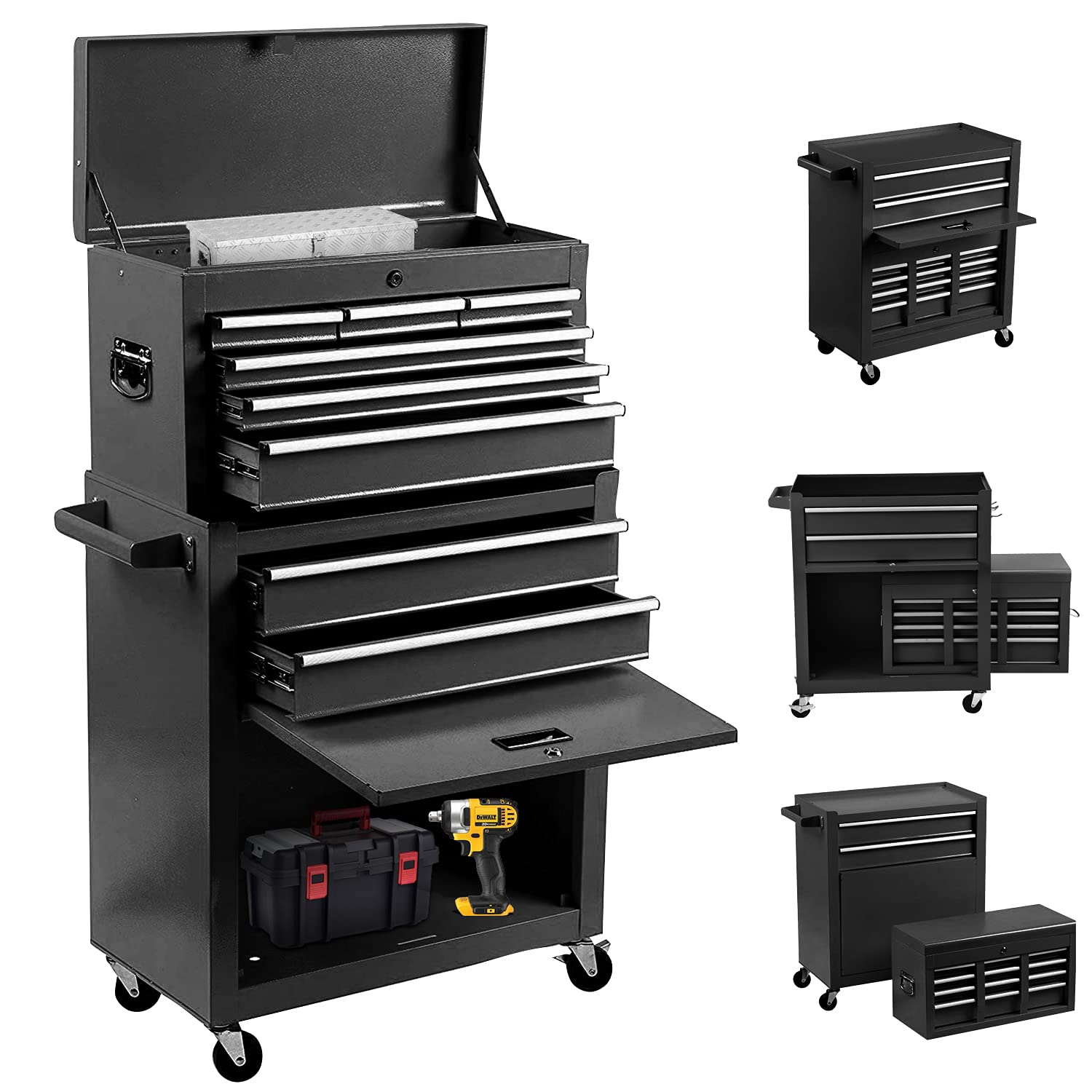 8-Drawer Rolling Tool Chest - 2-in-1 High Capacity Tool Box & Detachable Organizer, Heavy-Duty Tool Storage Cabinet with 4 Wheels & Lockable Lined Drawers for Garage, Warehouse, Workshop, DIY Projects (Black) - Perfect for Mechanics, Carpenters, and Home Improvement Enthusiasts