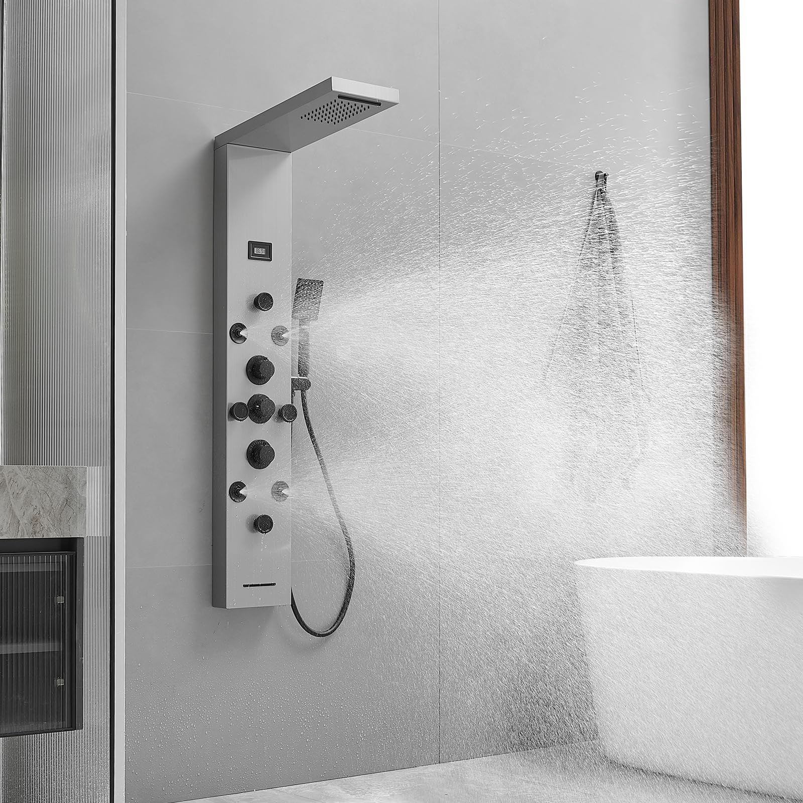 BWE 6-in-1 Stainless Steel Shower Panel Tower System with Body Jets, Rainfall & Waterfall Shower Head, Brushed Nickel Finish, Temperature Display & Tub Spout - Perfect for Luxury Bathroom Renovation & Spa-like Shower Experience