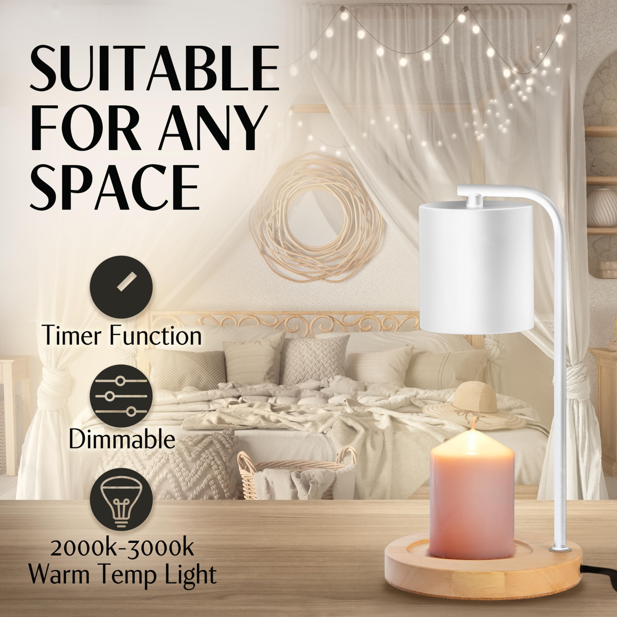 Electric Candle Warmer Lamp with Timer & Dimmer - Includes 2 Bulbs, Wax Melter for Jar Candles - Home Decor & Housewarming Gift (White Wood) - Perfect for Bedroom, Living Room, and Romantic Ambiance