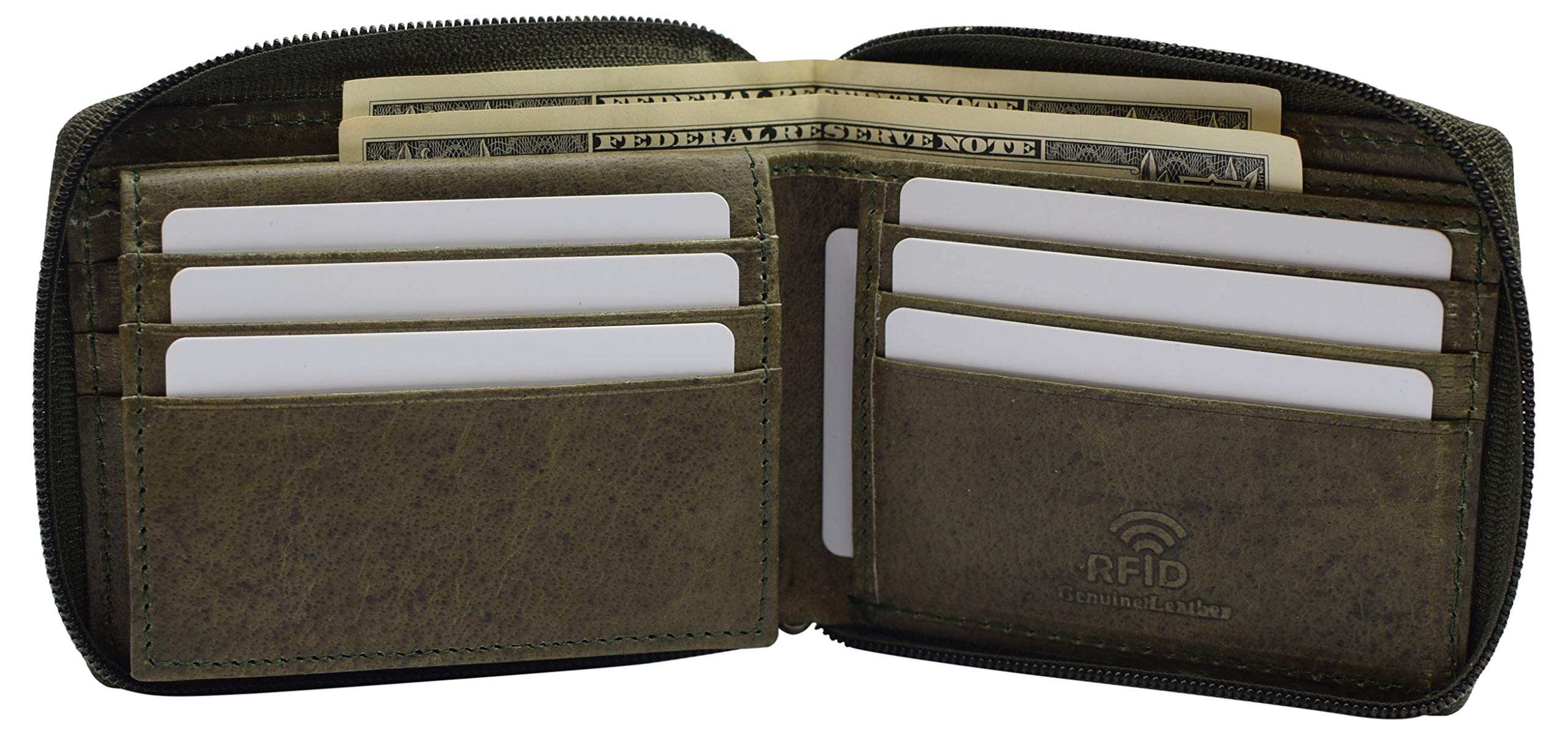 Premium RFID Blocking Zipper Bifold Wallet for Men & Women - Genuine Leather with Gift Box (Green) - Ideal for Travel, Business & Everyday Use