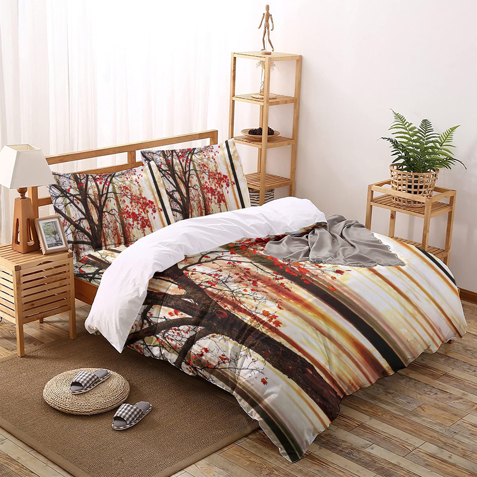 4 Piece Twin Size Quilted Comforter Set - Autumn Birch Tree & Red Leaves Design for Kids Bedroom, Girls & Boys Room Decor, Guest Room & Hotel Bedding - Includes Comforter Cover, Top Sheet & Pillowcases    Perfect for cozy kids' bedrooms, stylish guest rooms, or comfortable hotel accommodations - this charming autumn-themed bedding set adds seasonal warmth to any space.