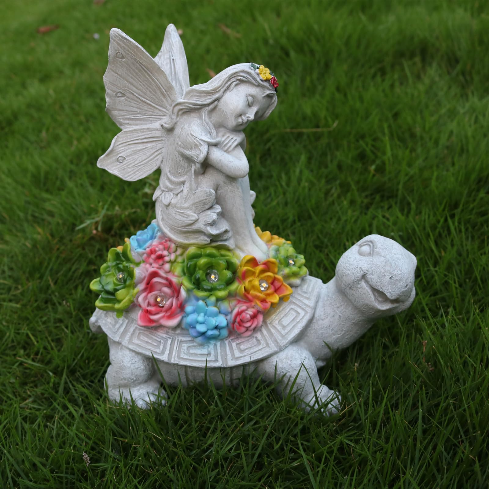 Solar-Powered Turtle & Angel Garden Statues with LED Lights & Succulents - Outdoor Decor for Patio, Yard, Lawn - Perfect Gift for Women & Grandma - Ideal for Garden Decor, Landscape Accents & Nighttime Illumination