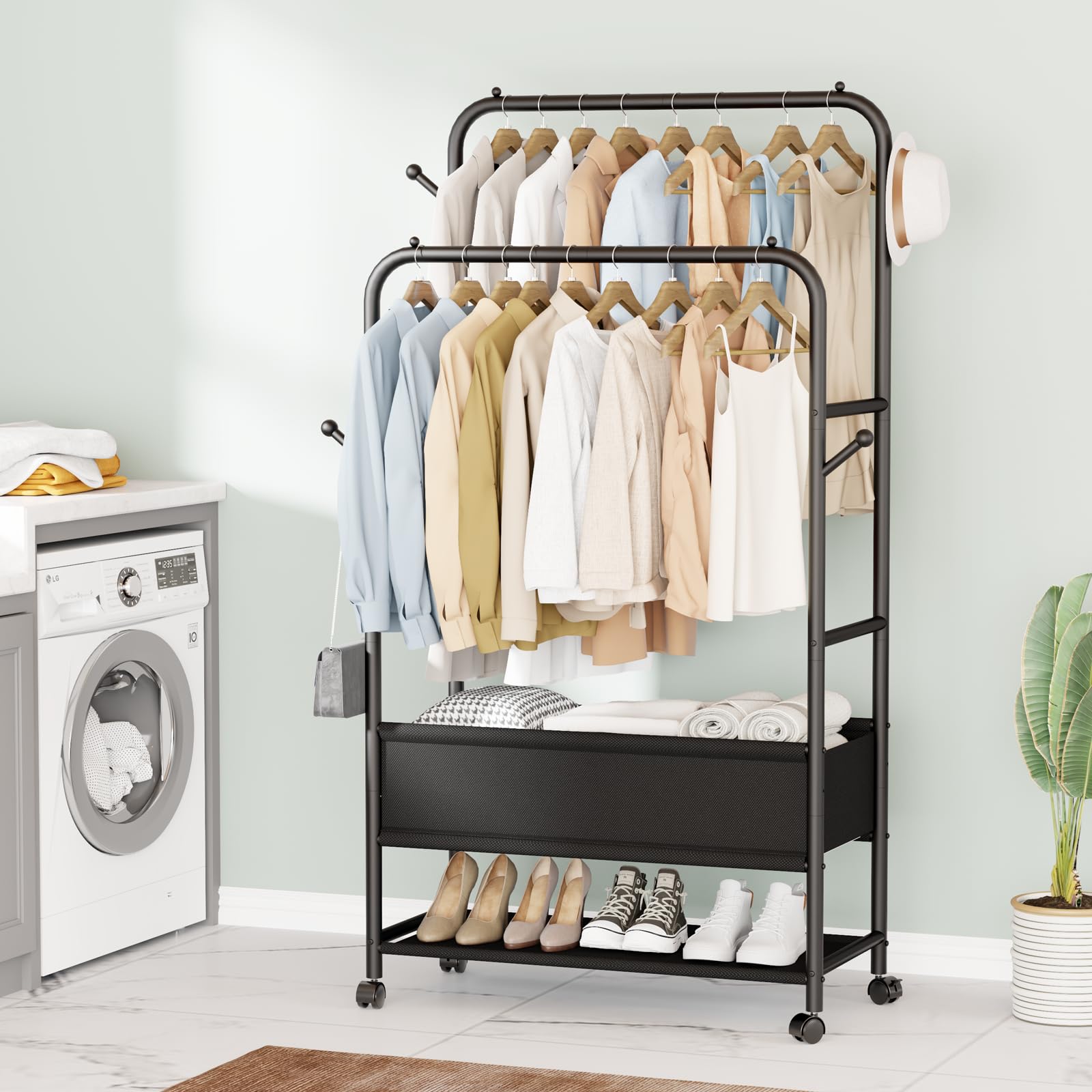 Furologee Double Rod Rolling Garment Rack with Wheels & Storage Box - Heavy Duty Clothes Hanging Organizer with 4 Hooks - Portable Wardrobe for Bedroom, Living Room, Closet (Black) | Perfect for Small Spaces, Dorm Rooms & Apartment Organization