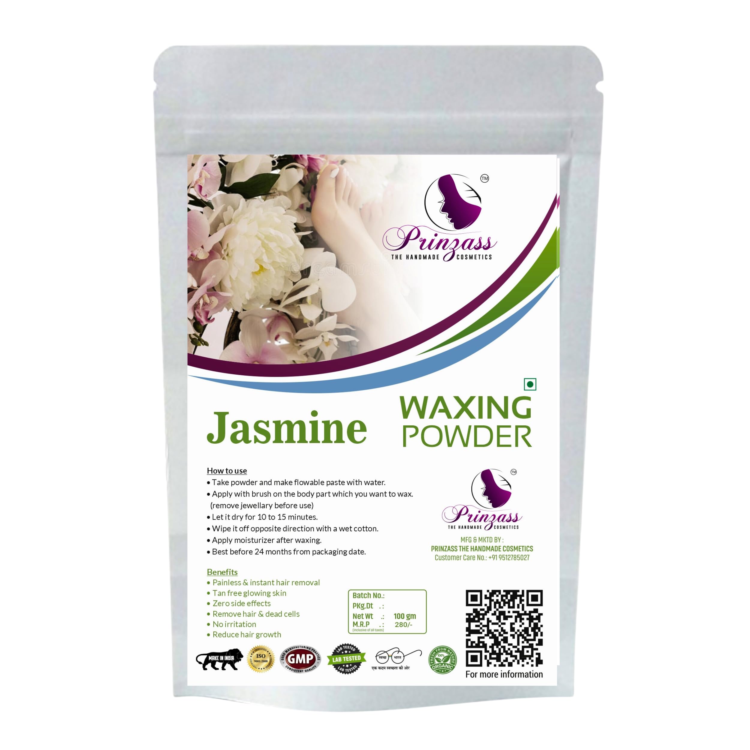 Prinzass Hair Removal Wax Powder for Women & Men - 100g All Skin Types | Jasmine Scented Depilatory Wax | Smooth & Painless Hair Removal at Home | Perfect for Legs, Arms, Bikini Line & Facial Hair