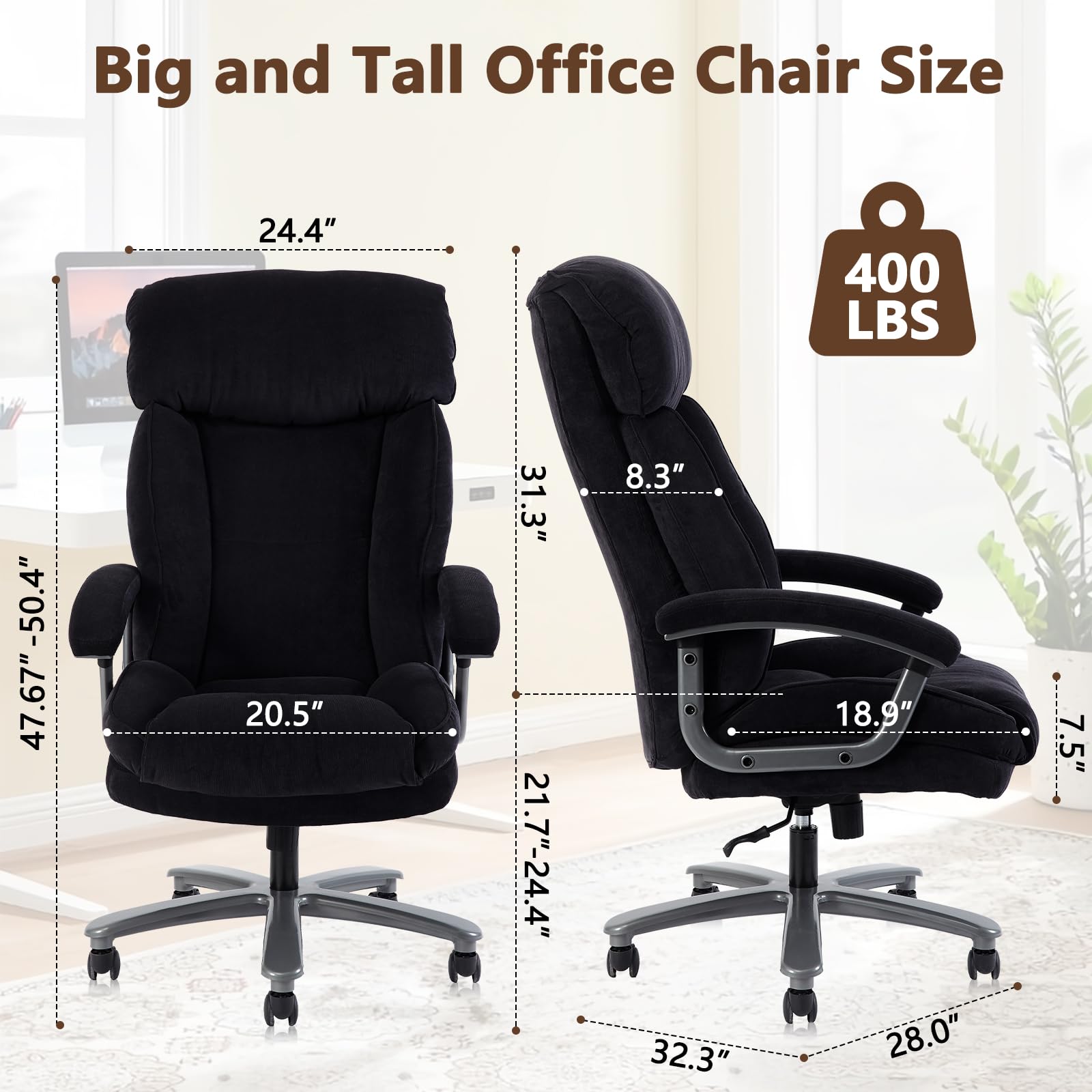 CLATINA Ergonomic Big and Tall Executive Office Chair - 400lbs High Capacity, Adjustable Height with Thick Padding, Headrest & Armrest - Upholstered Swivel Chair for Home Office (Black) - Perfect for Long Work Hours and Comfortable Workspaces