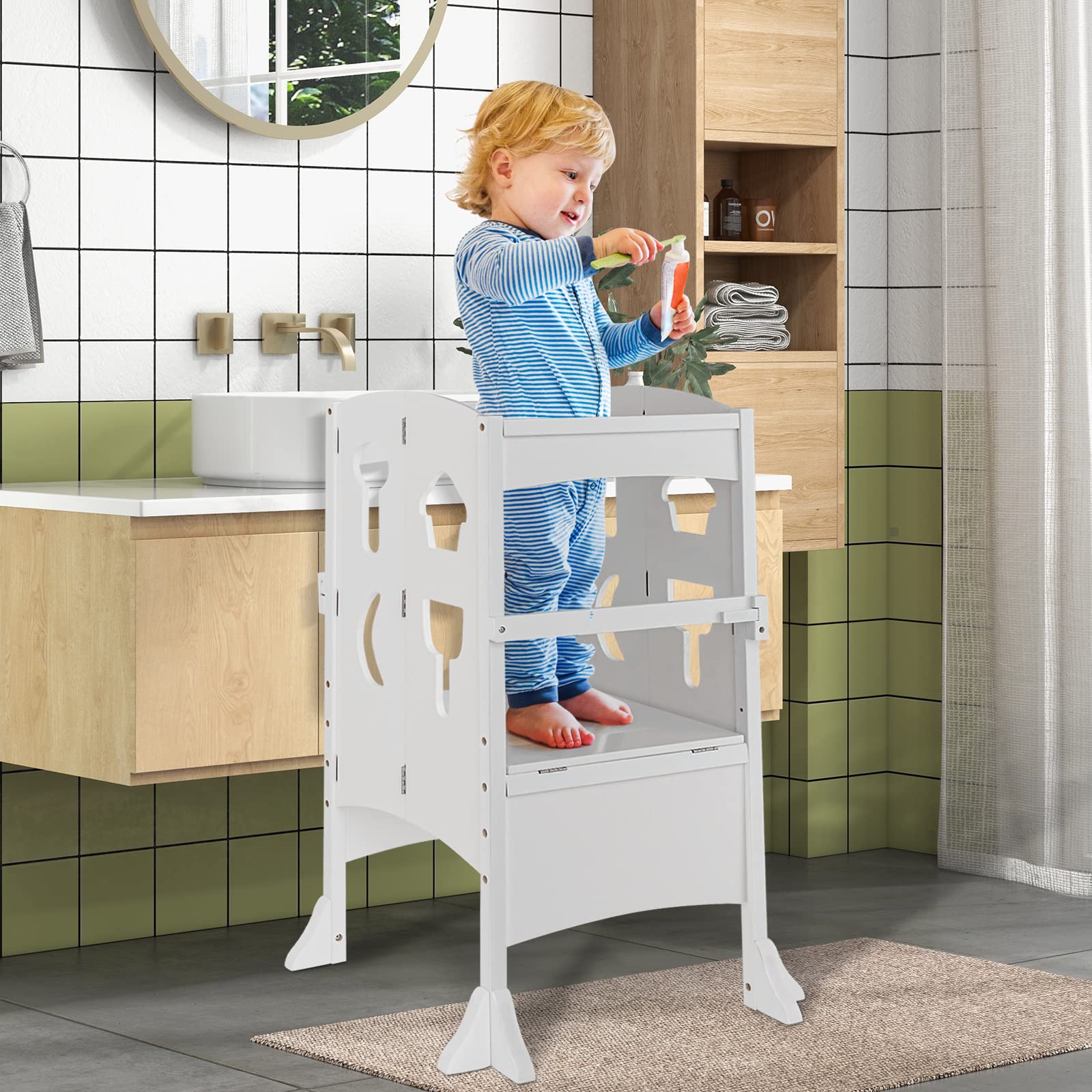 HONEY JOY Wooden Montessori Step Stool for Toddlers & Kids - Foldable Learning Tower with Safety Rail for Kitchen Counter - White - Perfect for Baking, Cooking & Independent Play