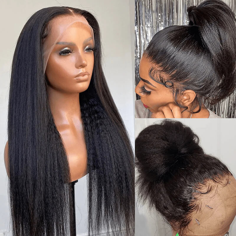 Kinky Straight Human Hair Wigs with Pre-Plucked Lace Frontal - Natural Looking & Breathable for Daily Wear, Parties & Cosplay