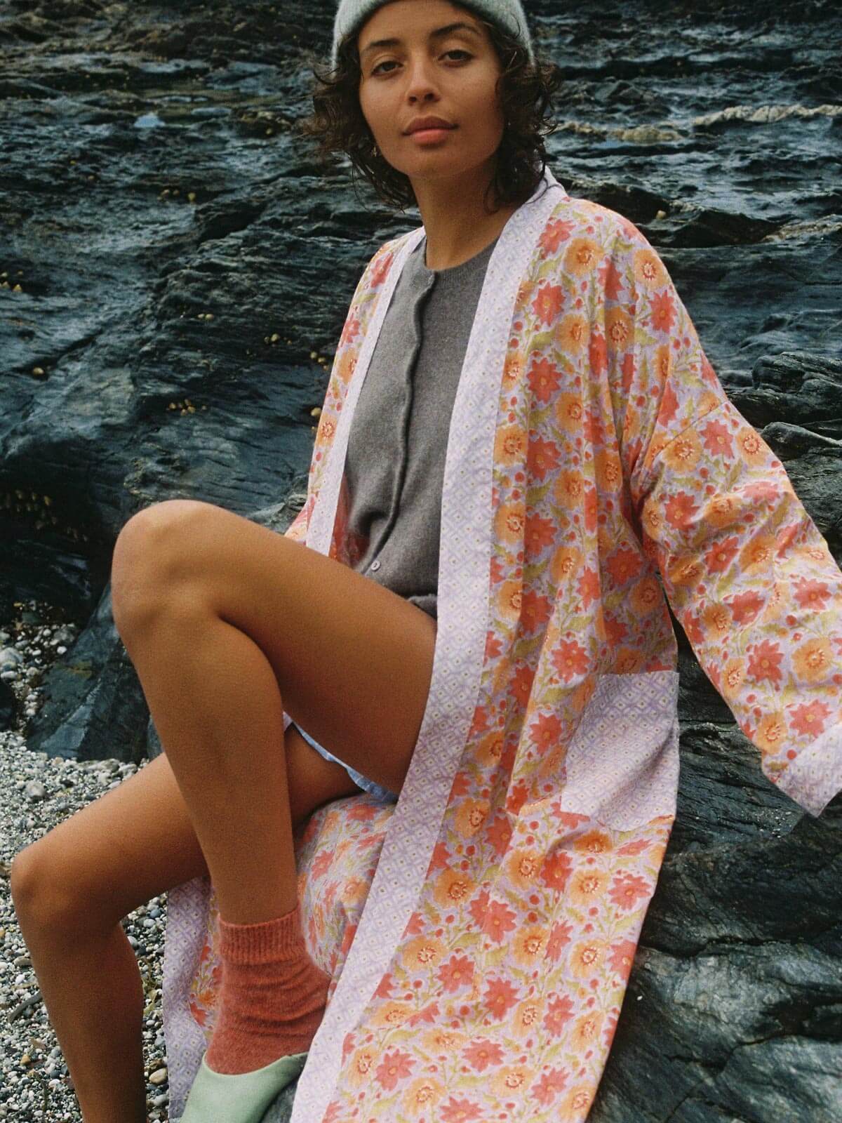 Handmade Block Print Cotton Robe - Soft Lilac Floral Kimono for Women | Perfect for Spa, Beach Cover-Up & Lounge Wear