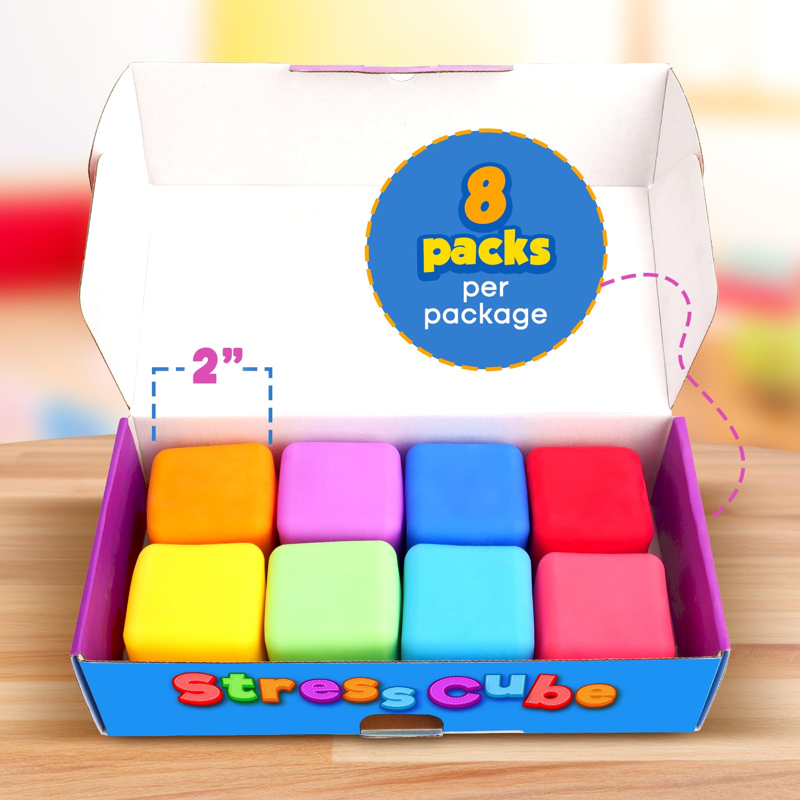 8 Pack Slow Rising Stress Cubes - Stretchy Fidget Toys for Anxiety Relief & Focus, Squishy Sensory Toys for Kids & Adults - Perfect for Classroom, Office & Travel (2 Inch) - Reduce Stress & Improve Concentration