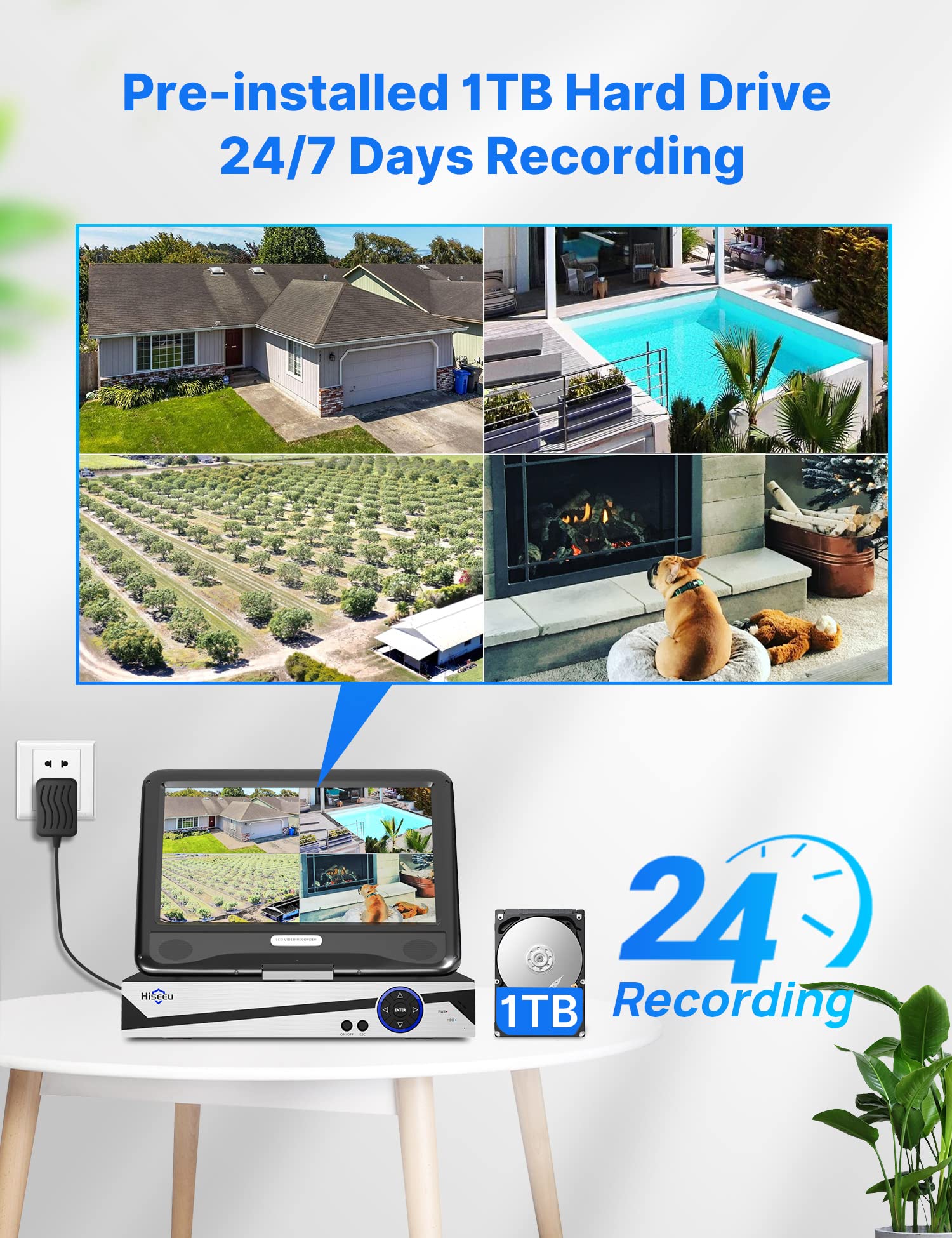 Hiseeu 10CH Expandable Wireless Security Camera System with 10in LCD 4K Monitor - 4 Pack 5MP Indoor/Outdoor Cameras, One-Way Audio, Waterproof, Motion Detection, 1TB HDD & Cloud Storage, Alexa Compatible - Ideal for Home Security, Business Surveillance, and Property Monitoring