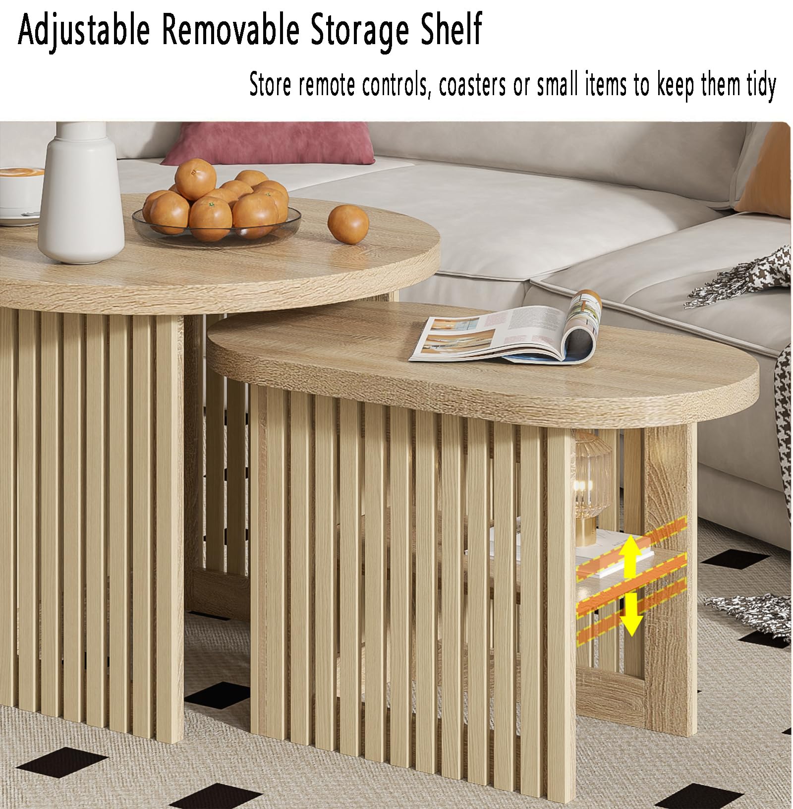 Modern Round Nesting Coffee Table Set of 2 with Fluted Panel & Storage Shelf - Natural Wood Living Room Accent Tables for Small Spaces, Sofa Side Tables, Home Decor