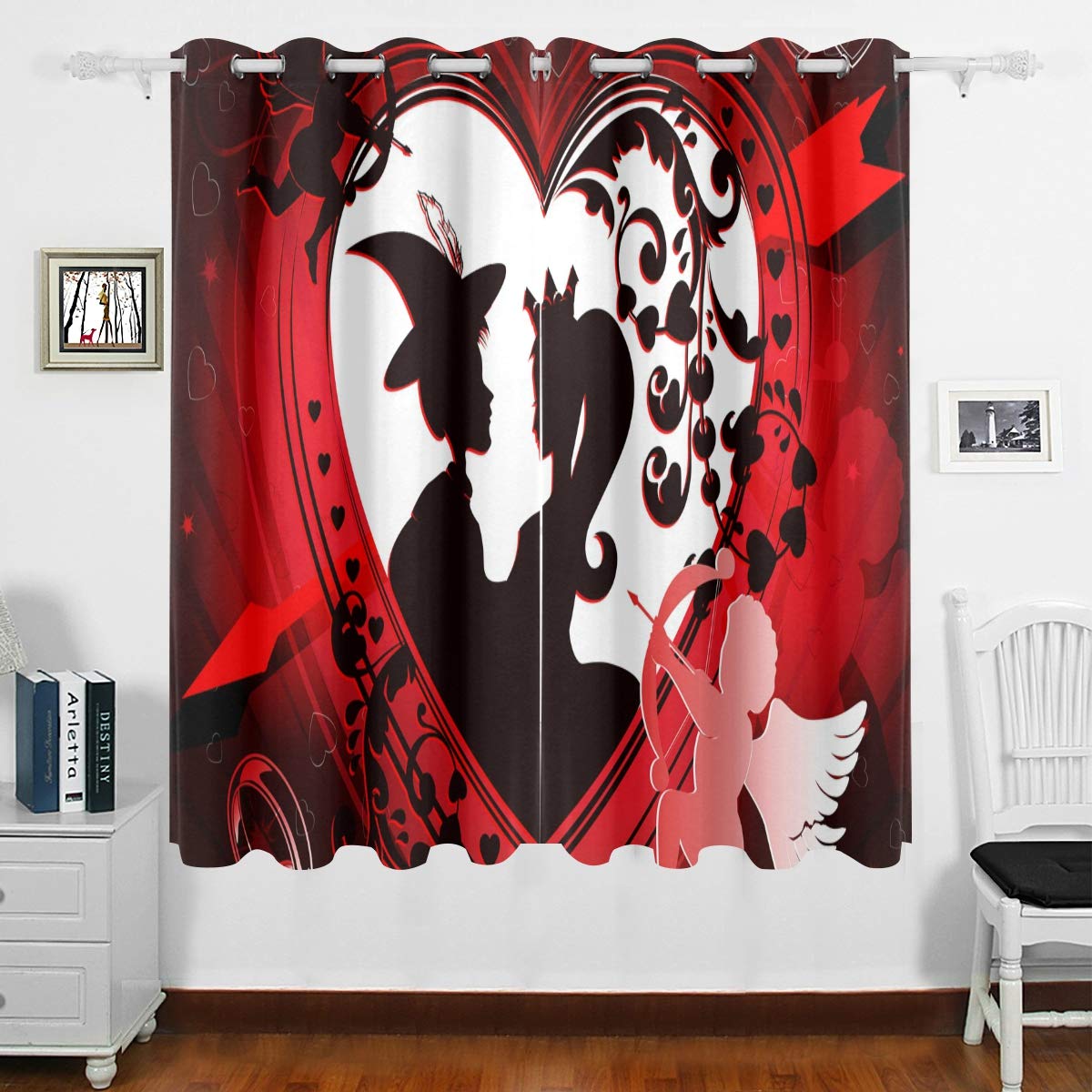 DOMIKING Blackout Curtains for Bedroom - Thermal Insulated Grommet Window Drapes with Silhouette Heart Arrow Design, 63x55 Inch, Darkening Room Divider for Living Room & Bedroom | Perfect for Light Control, Privacy & Home Decoration