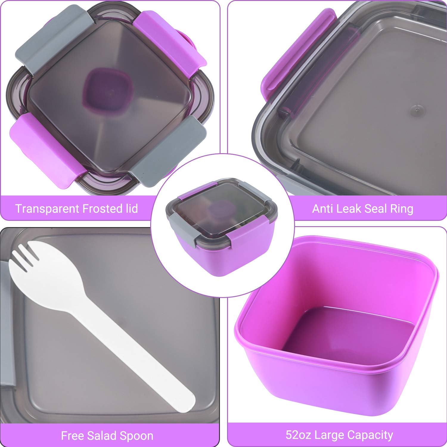 Freshmage 52 oz Bento Lunch Box with 3 Compartments & Dressing Container - Leakproof Meal Prep Container for Salads, Snacks, Office Lunch - Perfect for Men & Women (Purple) | Ideal for Meal Prep, Work Lunch, Picnics & Healthy Eating On-the-Go