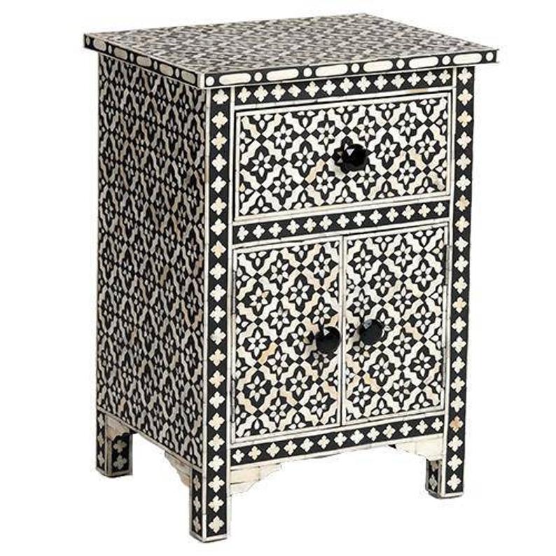 Handmade Bone Inlay Geometric Nightstand - Black Wooden Bedside Table with 2 Doors & 1 Drawer - Perfect for Modern Bedroom, Guest Room, or Apartment Decor