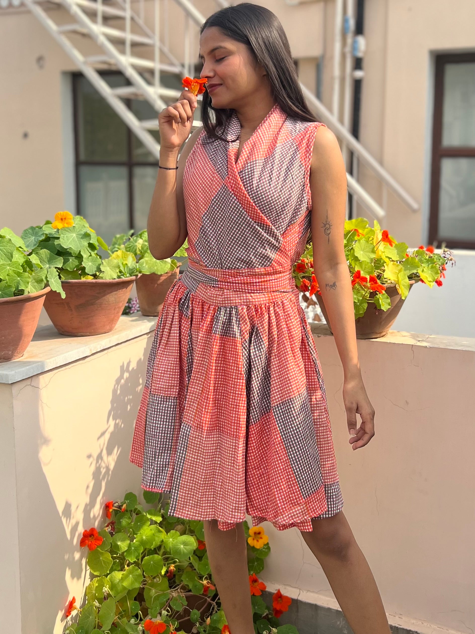 Stylish GOA Sleeveless Dress in Orange Checks - Perfect for Beach Vacations, Summer Parties & Boho Fashion