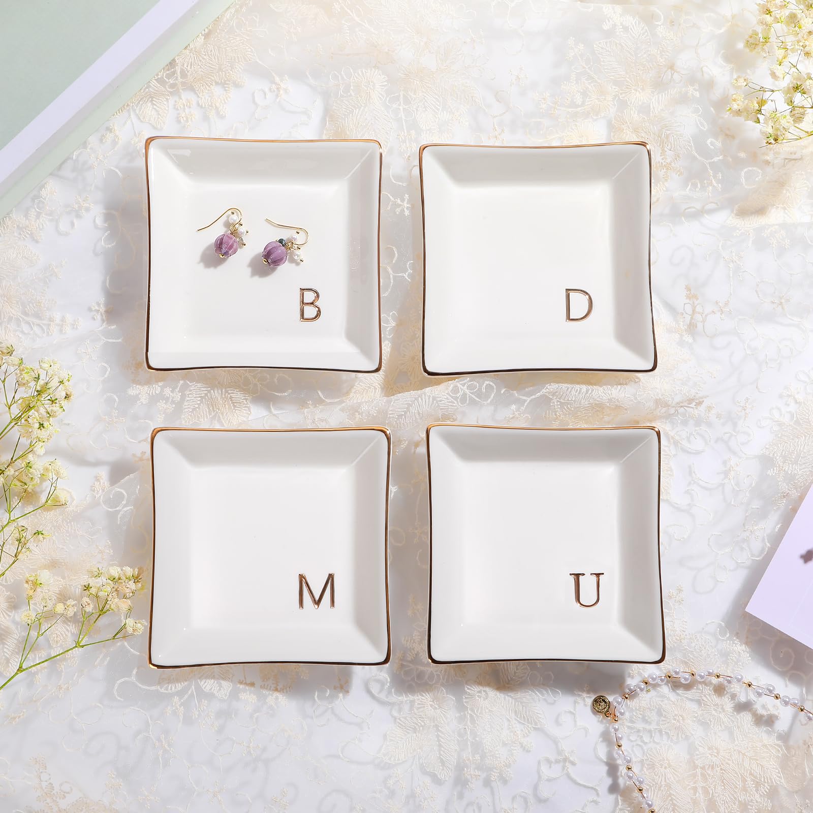 Personalized M-Monogrammed Ceramic White Ring Holder Jewelry Tray - Perfect Engagement, Wedding, Bridesmaid Gift for Bride, Mom, Sister & Friends - Ideal for Birthday, Christmas & Special Occasions - Stylish Jewelry Organizer for Vanity, Dresser & Bathroom Decor