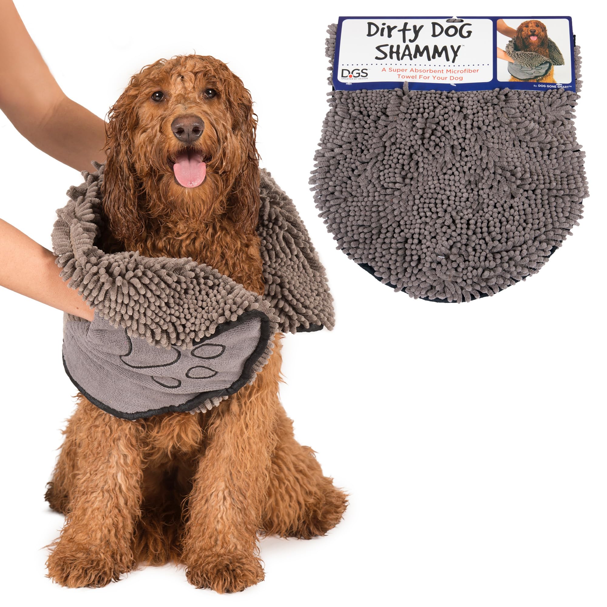 Dog Gone Smart The Dirty Dog Shammy - Super Absorbent Microfiber Pet Towel with Dual Hand Pockets & Elastic Band | Fast Drying, Machine Washable Plush Towel for Dogs (Grey) | Perfect for Bath Time, Grooming & Post-Walk Drying