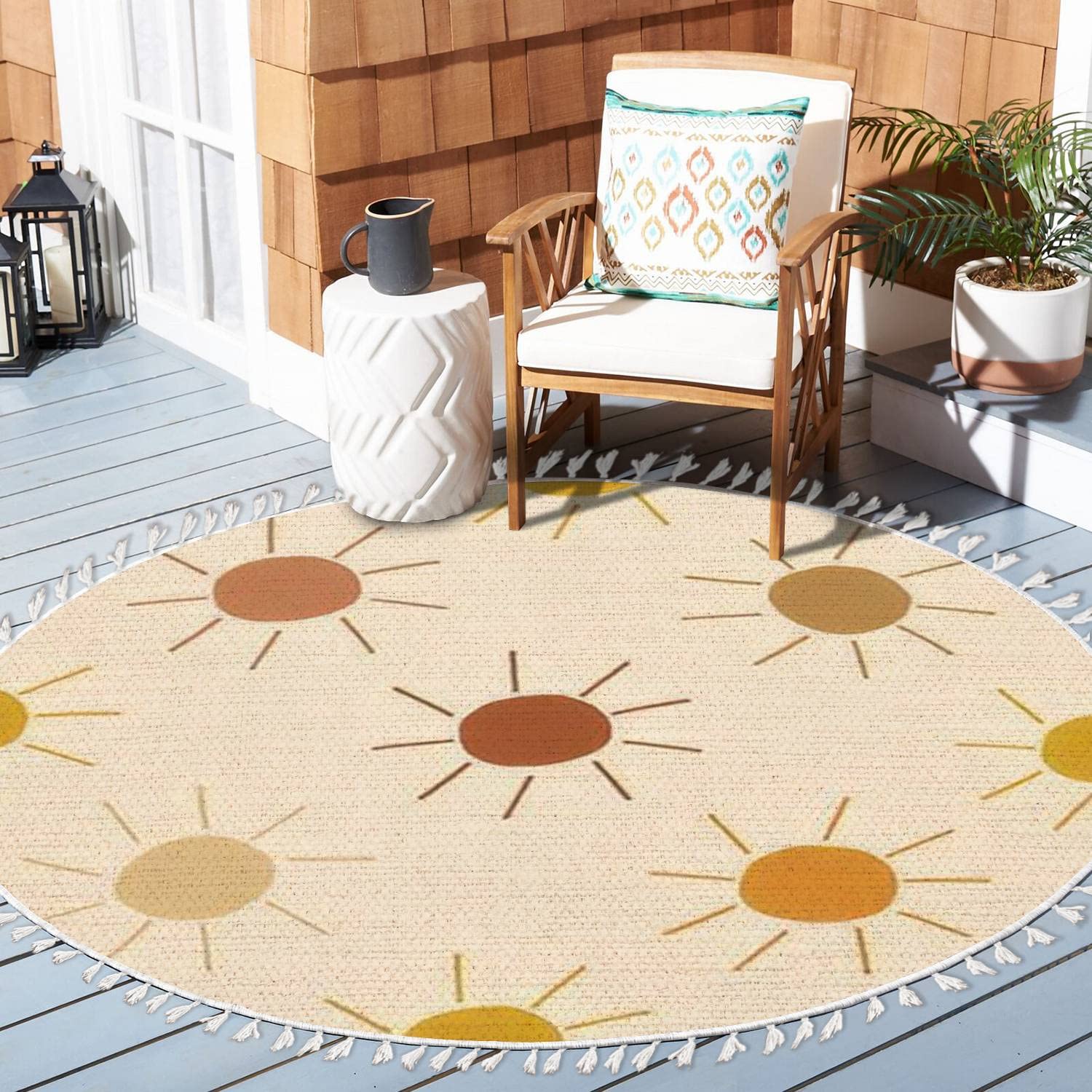 Boho Round Area Rug with Sun and Dots Print - Earthy Warm Trendy Linen Carpet for Living Room, Patio, Hallway - Minimalist Home Decor for Summer and Outdoor Use
