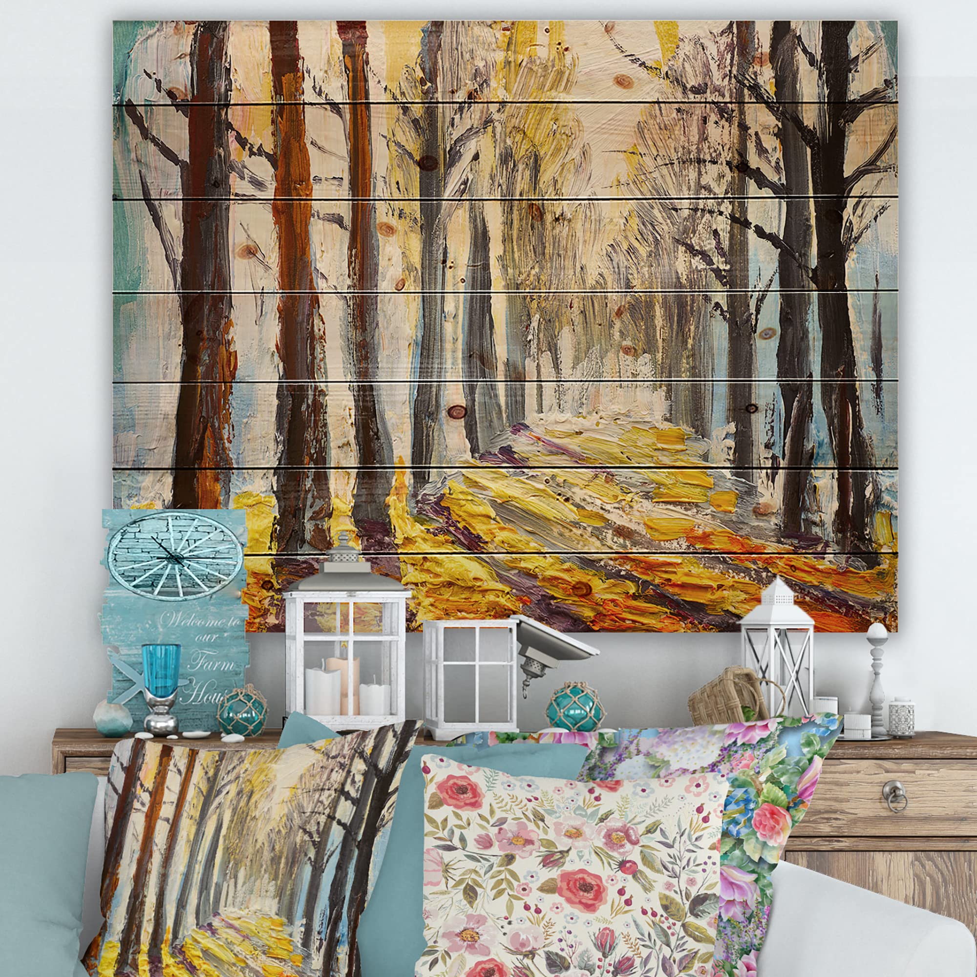 Autumn Lake House Wood Wall Art - Large Yellow Landscape Panel Printed on Natural Pine Wood - Perfect for Living Room, Bedroom & Cabin Decor