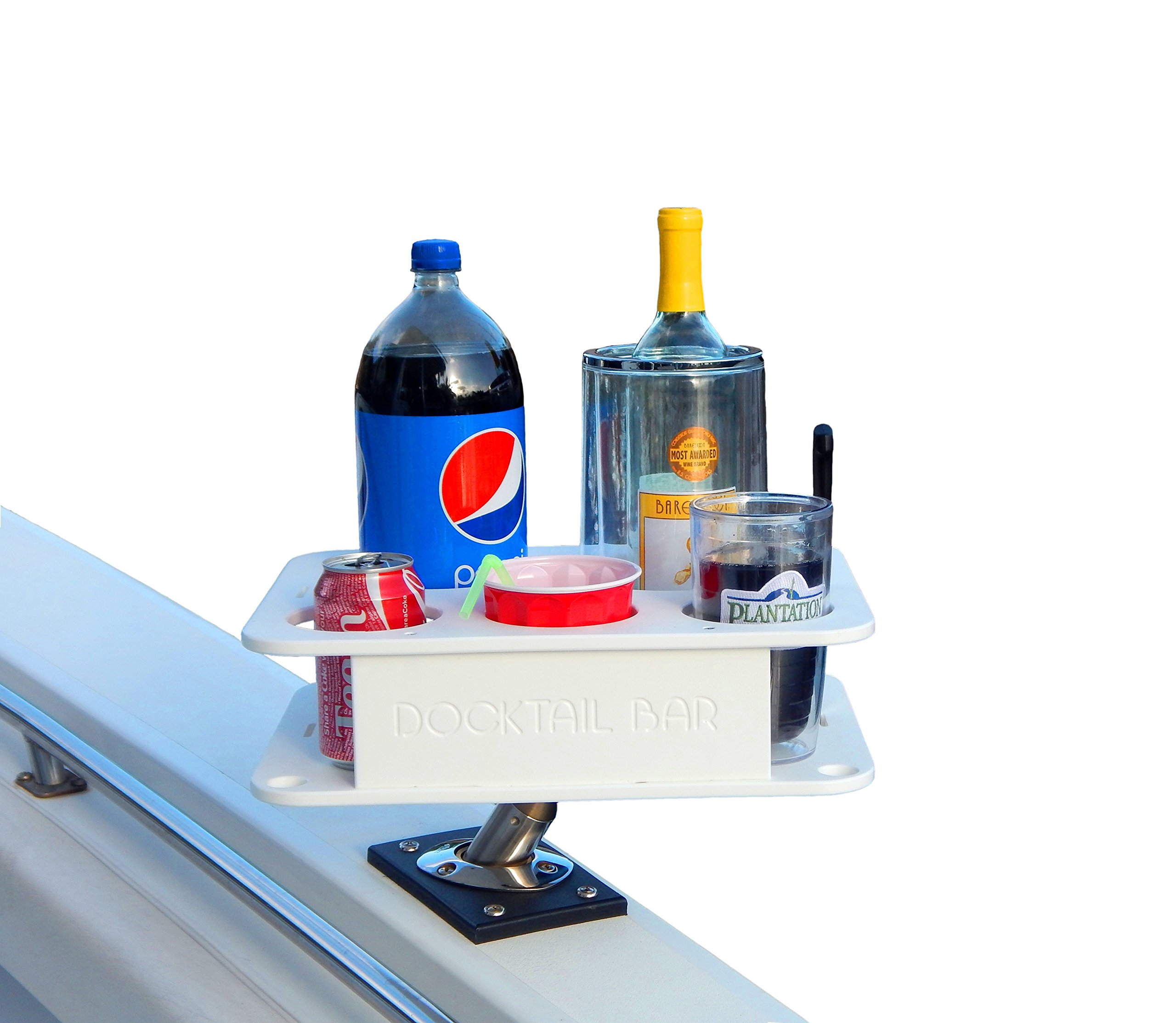 **Universal Adjustable Boat Cup Holder - 3 Drink Tumbler Slots & 2 Large Bottle Holders - Marine Bar Accessories with Folding Rod Mount - Portable White Plastic Boat Caddy Organizer for Fishing, Boating & Outdoor Parties**