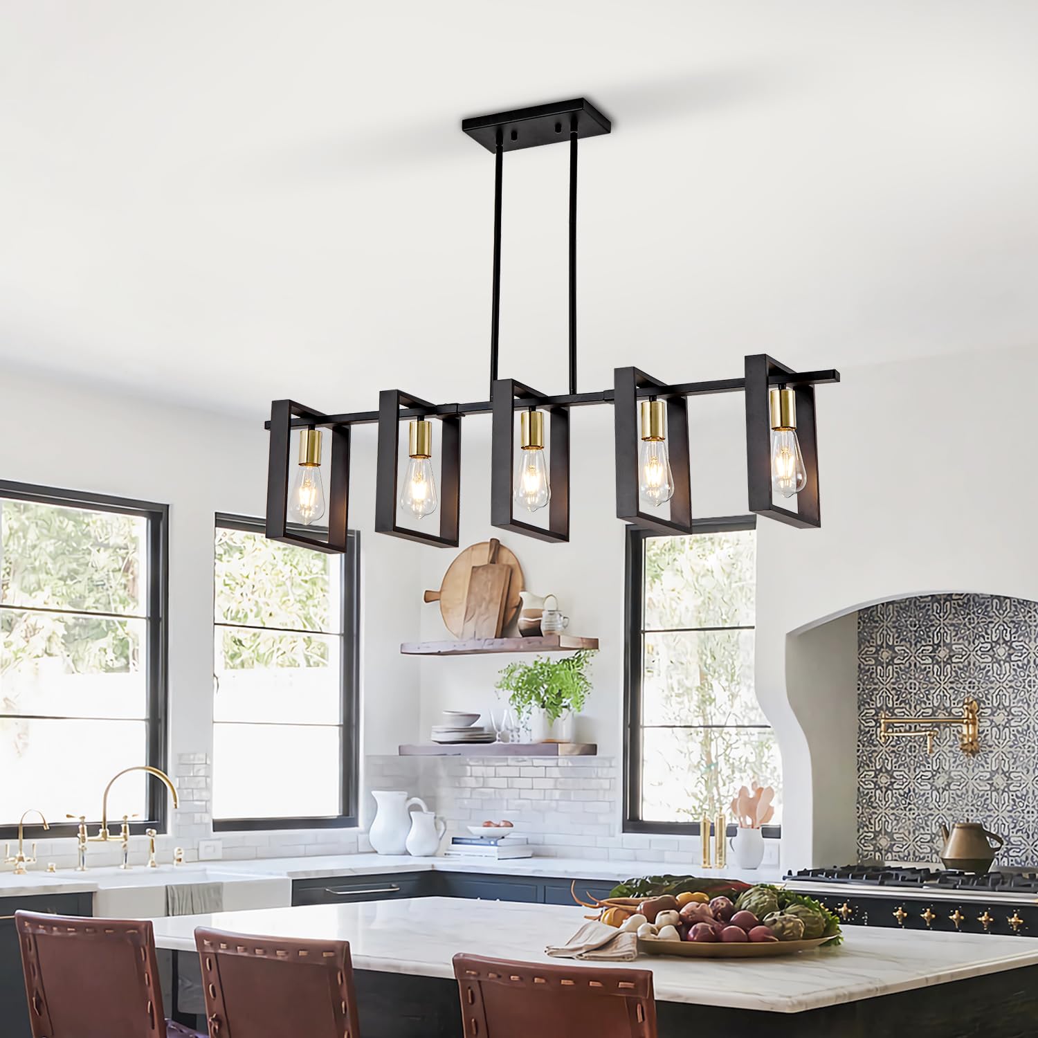 Rustic Farmhouse Wood Chandelier - 5-Light Black Kitchen Island Pendant Lighting, Adjustable Height 41.3