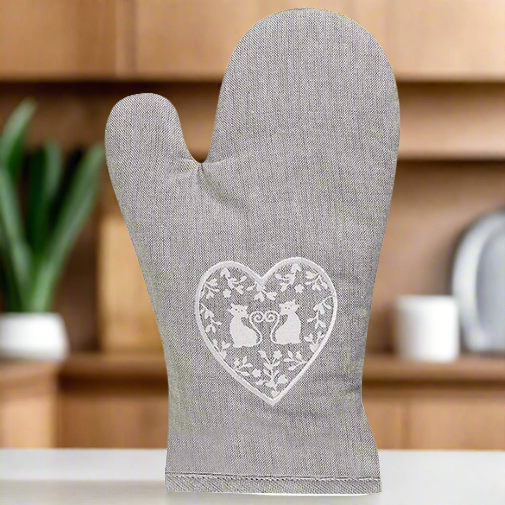 Pair of White Cats in Heart Grey Oven Mitts - Heat Resistant Kitchen Gloves for Baking, Cooking & Grilling