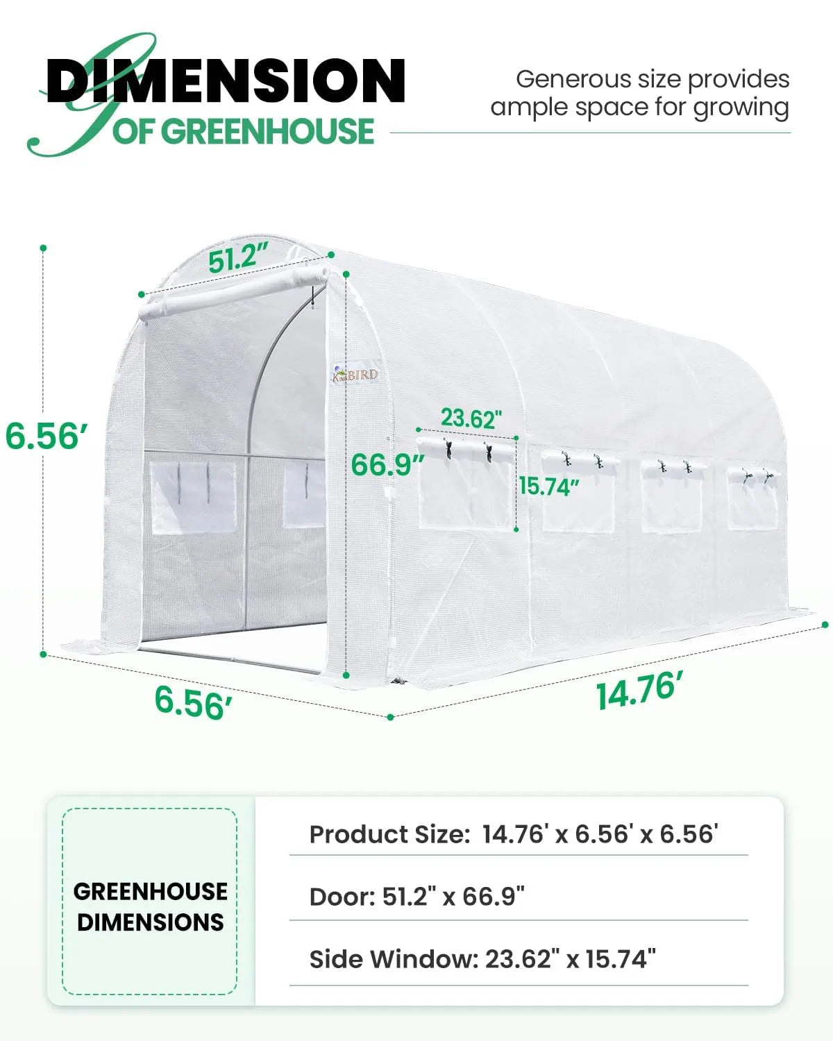 15' x 6.6' x 6.6' Walk-in Greenhouse Kit with Sturdy Frame & UV Protection - Perfect for Backyard Gardening, Plant Growing & Seed Starting