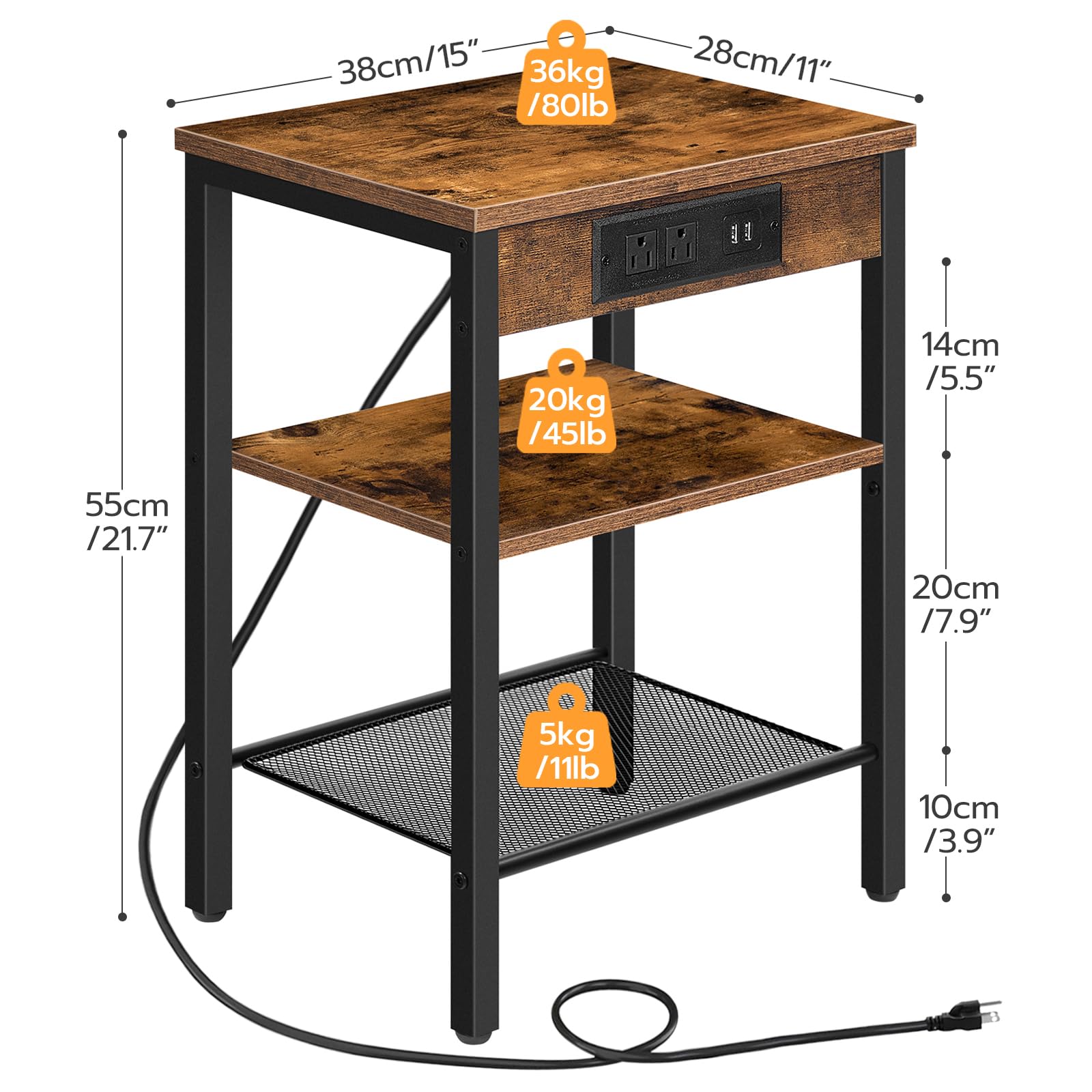 HOOBRO 3-Tier End Table with Charging Station & USB Ports - Adjustable Shelf Small Side Table for Living Room, Bedroom, Balcony - Rustic Brown Nightstand for Small Spaces | Perfect for Apartments, Dorms & Cozy Corners BF112BZ01