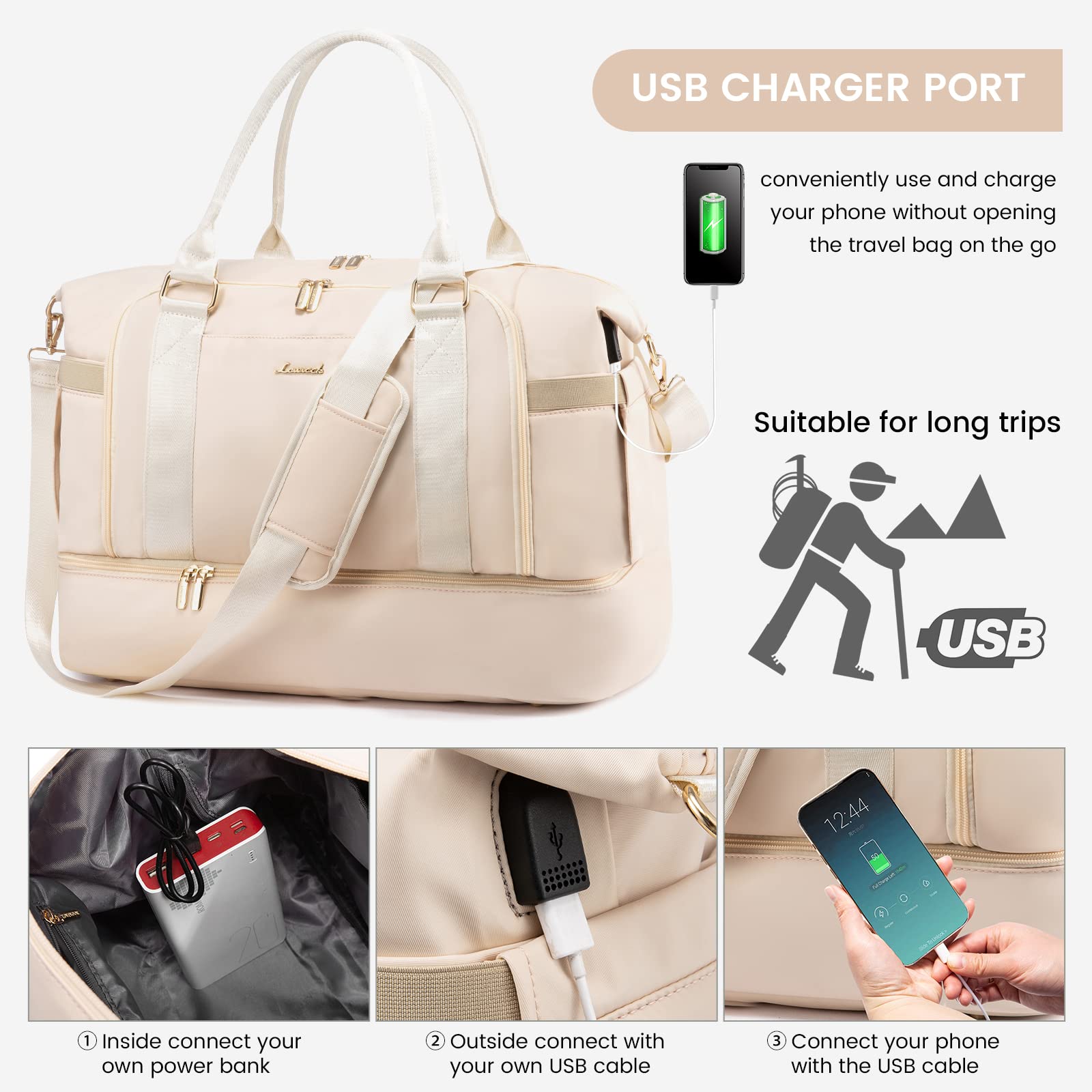 LOVEVOOK Women's Gym Bag with USB Charging Port - Large Travel Duffel Bag with Shoe Compartment & Toiletry Bag - Perfect for Workout, Weekend Trips, Hospital Labor & Delivery | Carry-On Overnight Bag for Women