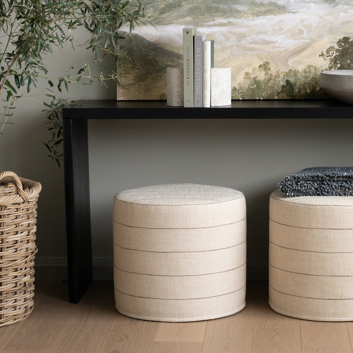 Dunrobin Stripe 18x16 Round Ottoman with Burlap Cover - Stylish and Durable Footrest, Storage Pouf for Living Room, Bedroom, or Nursery
