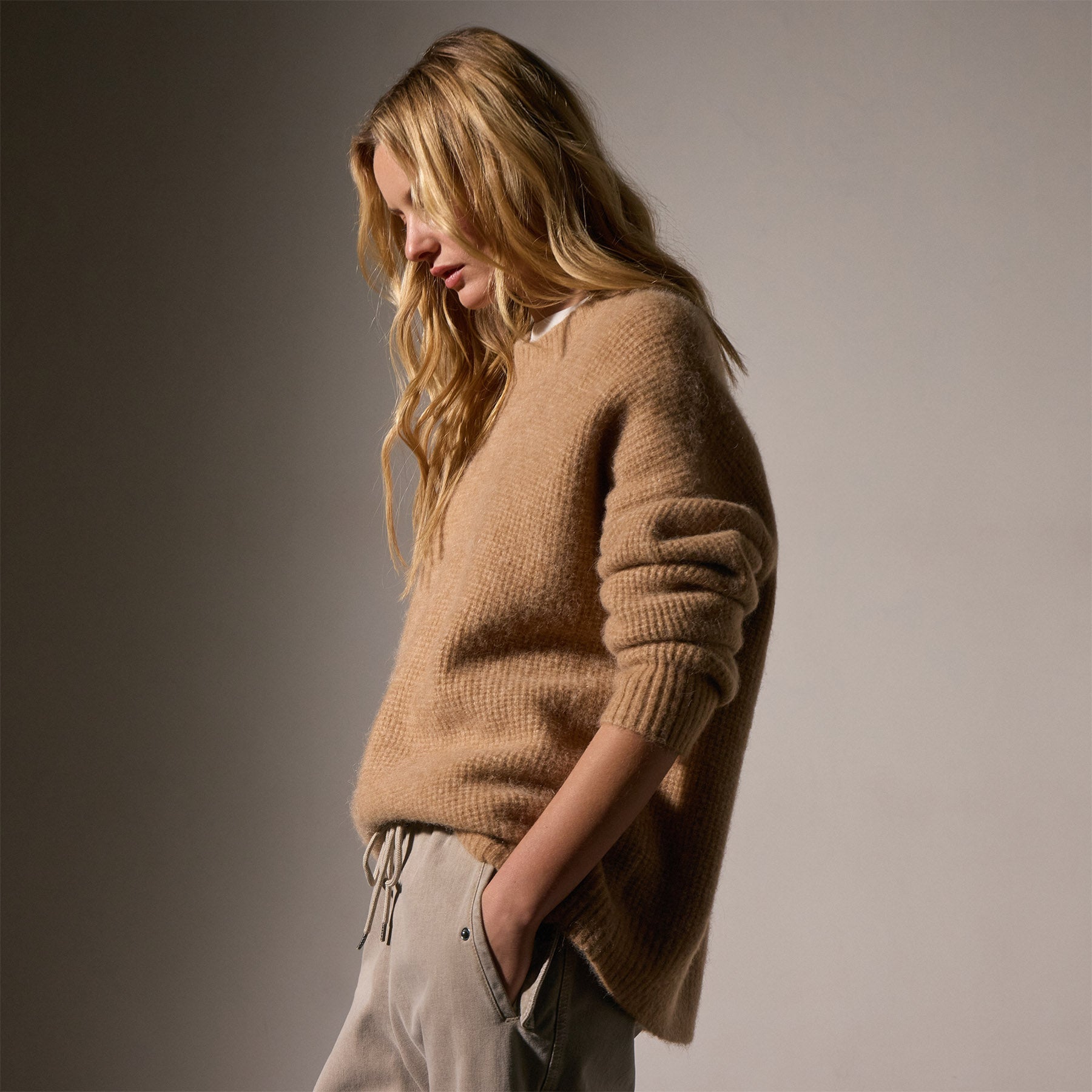 Oversized Waffle Knit Crewneck Sweater in Camel - Cozy Winter Pullover for Women, Casual Loungewear & Street Style Outfits