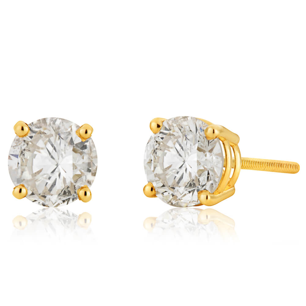 14K Yellow Gold Diamond Stud Earrings - 1.5 Carat Total Weight (TW) Round Cut Diamond Studs for Women - Perfect for Weddings, Anniversaries & Special Occasions
