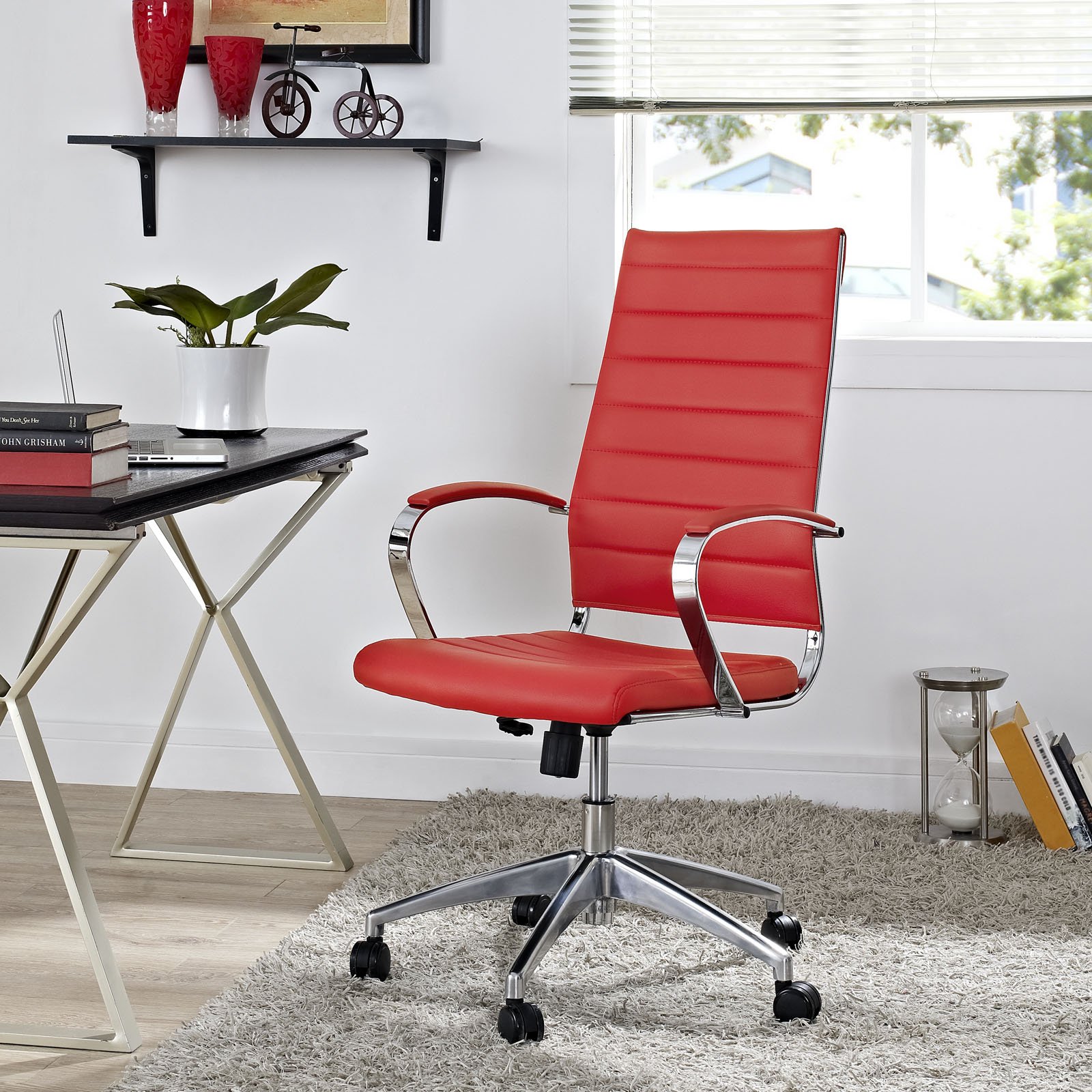 Modway Jive Ribbed High Back Executive Office Chair - Ergonomic Swivel Desk Chair with Adjustable Arms & Lumbar Support, Red - Perfect for Home Office, Gaming & Workspace Comfort