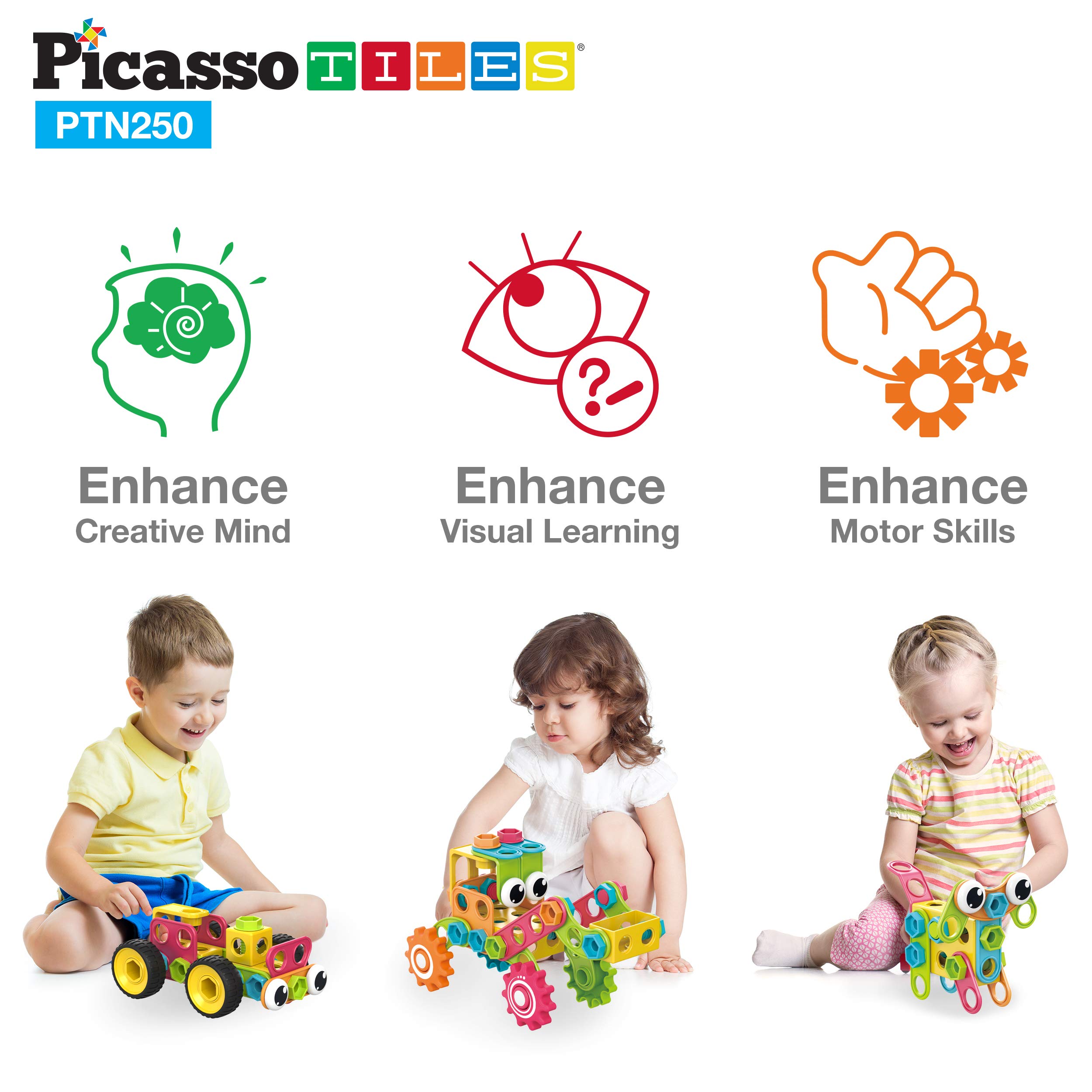 PicassoTiles 250 Piece STEM Building Blocks for Kids - Construction Engineering Learning Toys with Power Drill, Clickable Ratchet & Free Idea Book - Educational Playset for Ages 3+ (PTN250) | Perfect for Classroom STEM Activities, Birthday Gifts & Creative Playtime