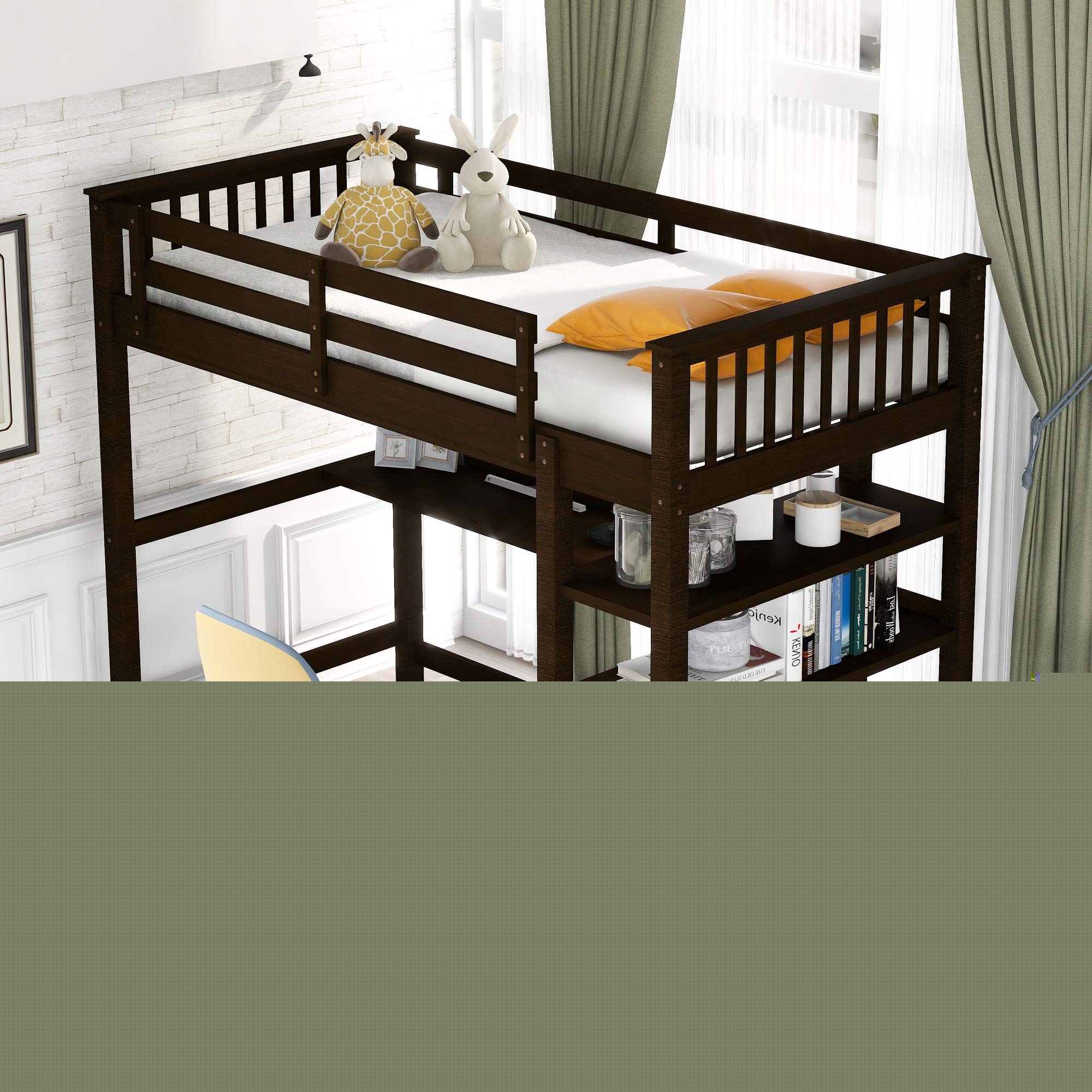 Twin Size Loft Bed with Storage Shelves & Under-Bed Desk - Solid Rubber Wood Space Saving Bunk Bed for Kids, Teens & Adults (Espresso-E) - Perfect for Small Bedrooms, Dorms & Studio Apartments