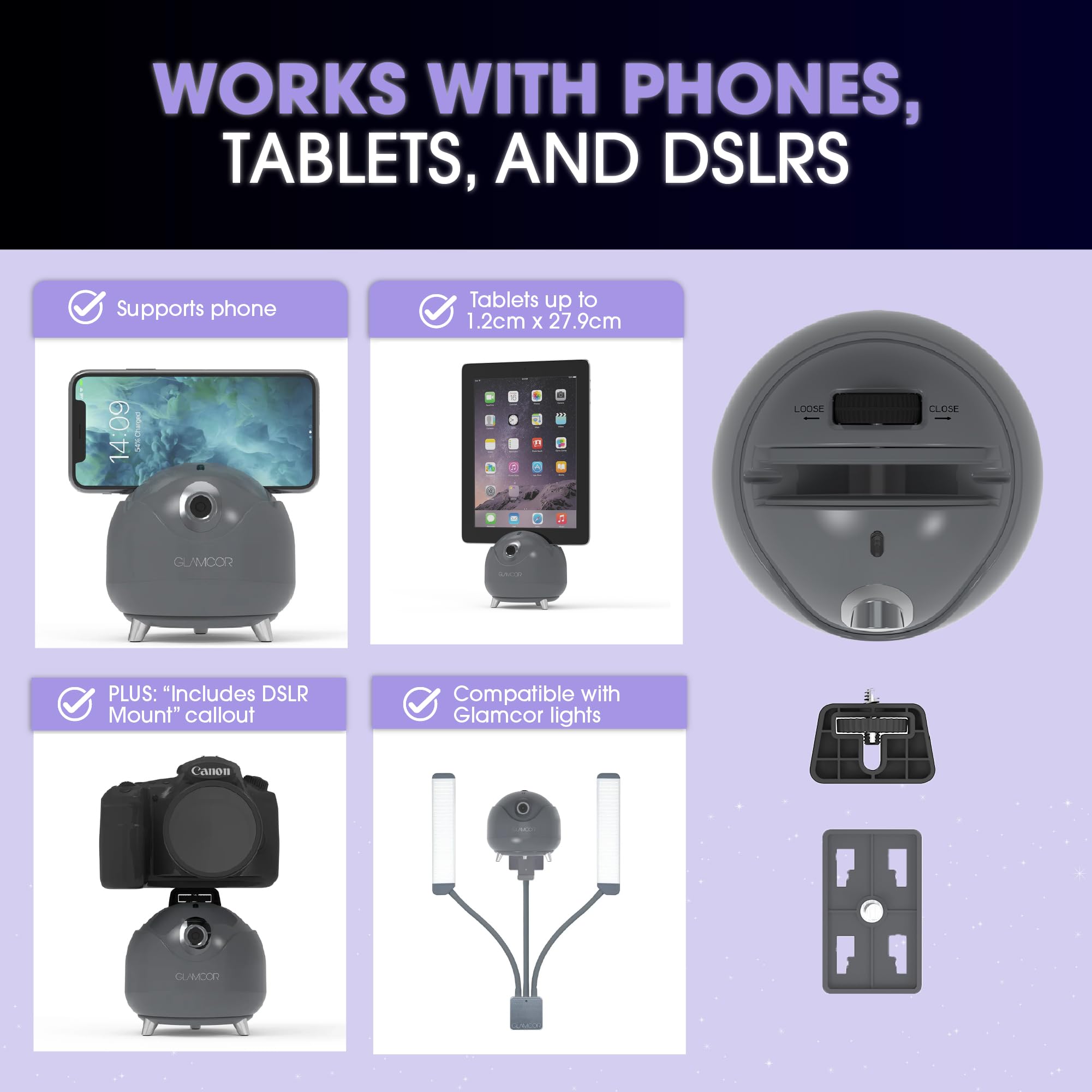 GLAMCOR Star Tracker - 2-Axis AI Auto Face Tracking Camera Mount for DSLR, iPad & Glamcor Lights | No App Required | Pink Media Attachment | Perfect for Live Streaming, Vlogging & Photography