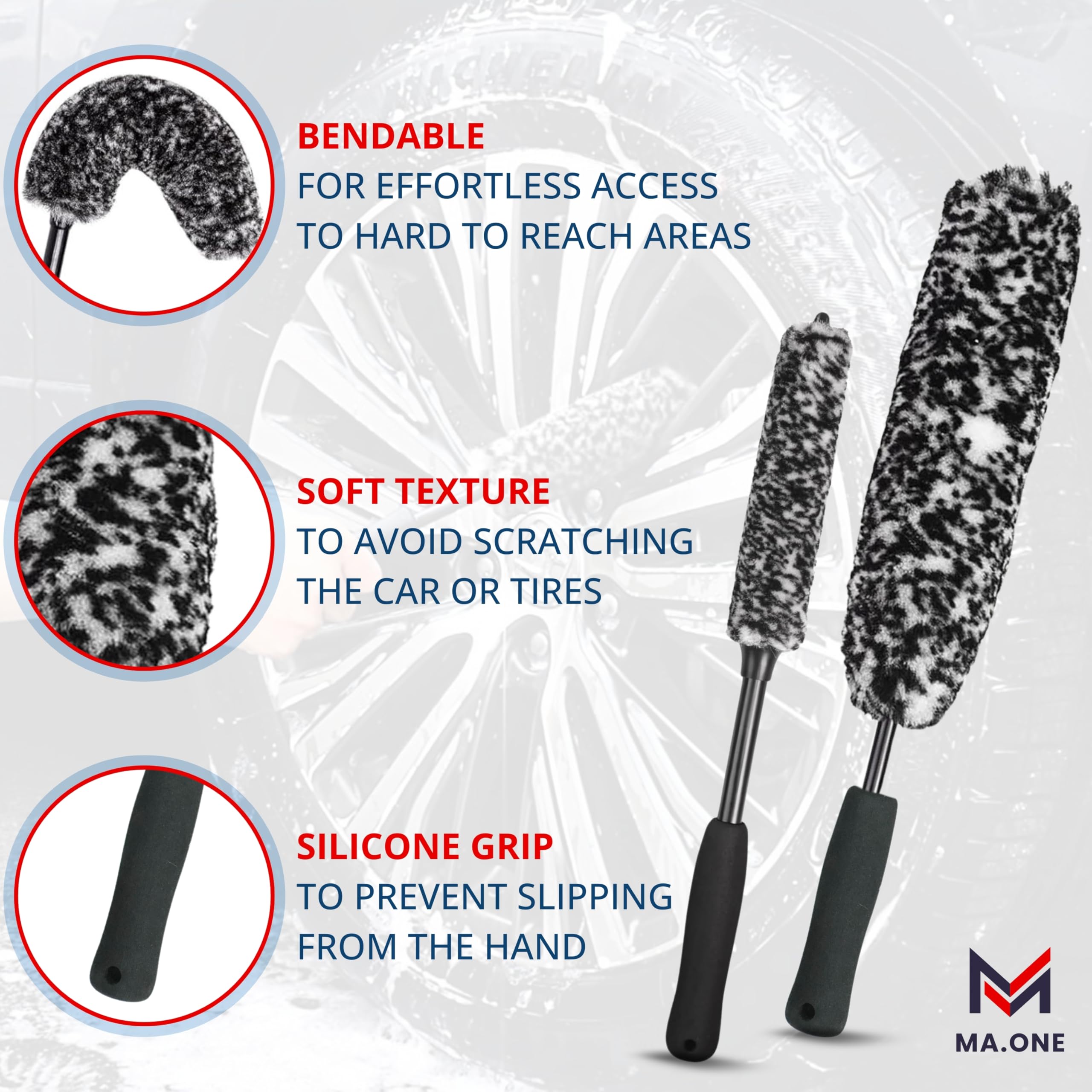 Premium 2-Pack Tire Shine & Wheel Cleaning Kit - Long Handle Car Wash Brush, Black Trim Restorer & Auto Rim Brake Dust Remover - Wet Dressing Coating Detailing Set for Cars, Trucks & SUVs - Adams Professional Auto Care Products