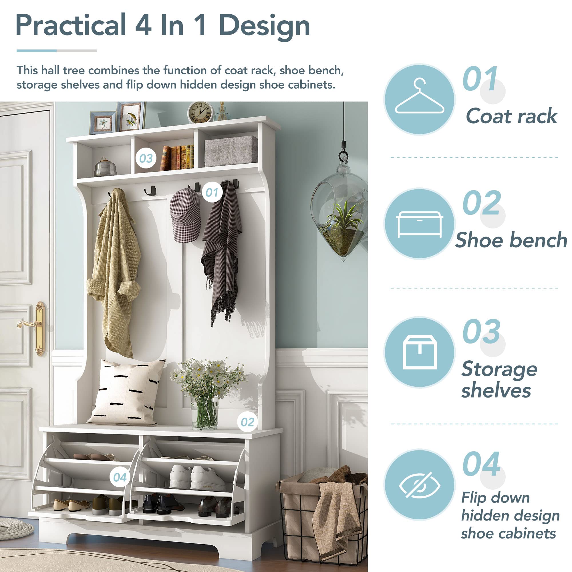 Polibi Hall Tree with 2 Flip Shoe Storage Drawers, 4 Metal Hooks, 3 Top Shelves & Entryway Bench - White Coat Rack for Living Room, Bedroom & Hallway Organization | Perfect for Small Spaces & Home Entry Storage