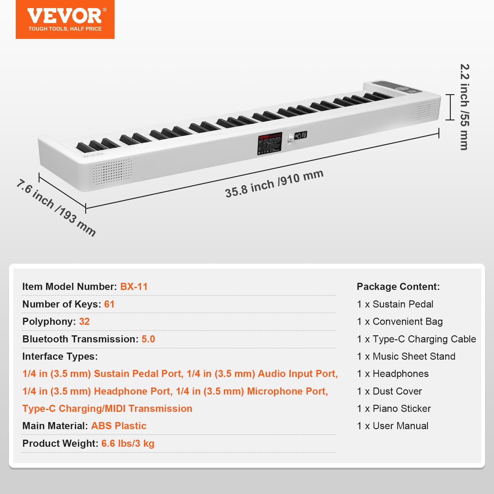 VEVOR 61-Key Portable Electronic Digital Piano with Bluetooth & MIDI, Foldable Keyboard with Touch Sensitive Keys, Sustain Pedal & Lighted Carrying Bag - Rechargeable Beginner Piano for Teens & Adults (White, BX-11) - Perfect for Home Practice, Travel & Music Learning