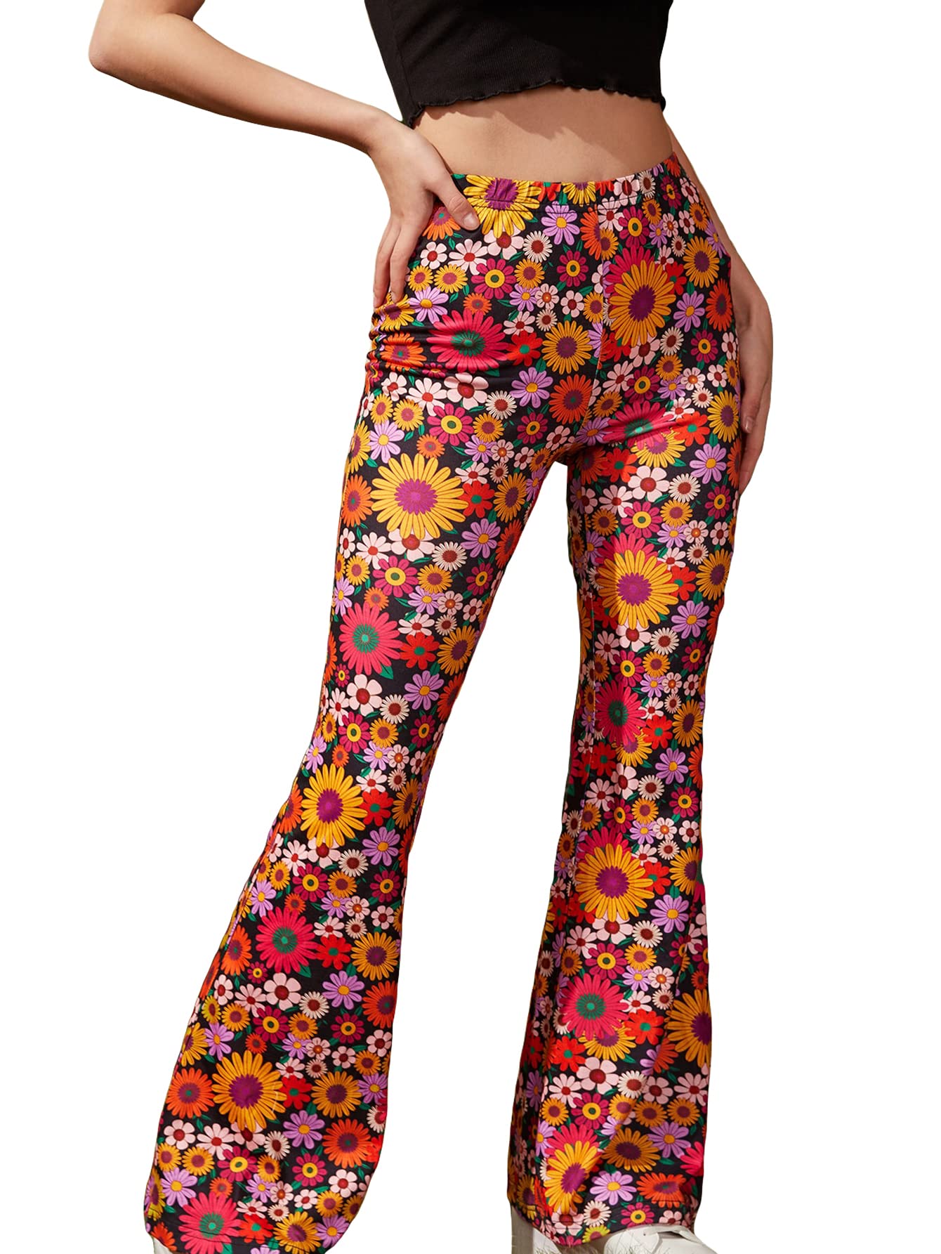 WDIRARA Women's Floral Print Stretchy Elastic Waist Flare Leg Pants - Comfortable Casual Long Pants for Spring Summer, Office, Travel & Daily Wear