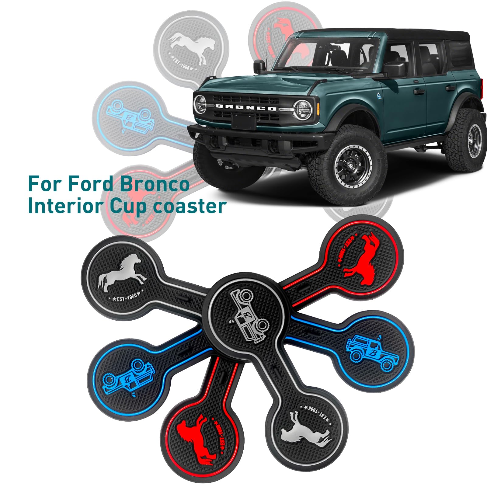 Ford Bronco 2021-2024 Cup Holder Coaster - Non-Slip Silicone Drink Mat for Beverages & Coffee - Car Accessories Interior Decor (Blue) - Perfect for Road Trips & Daily Commutes