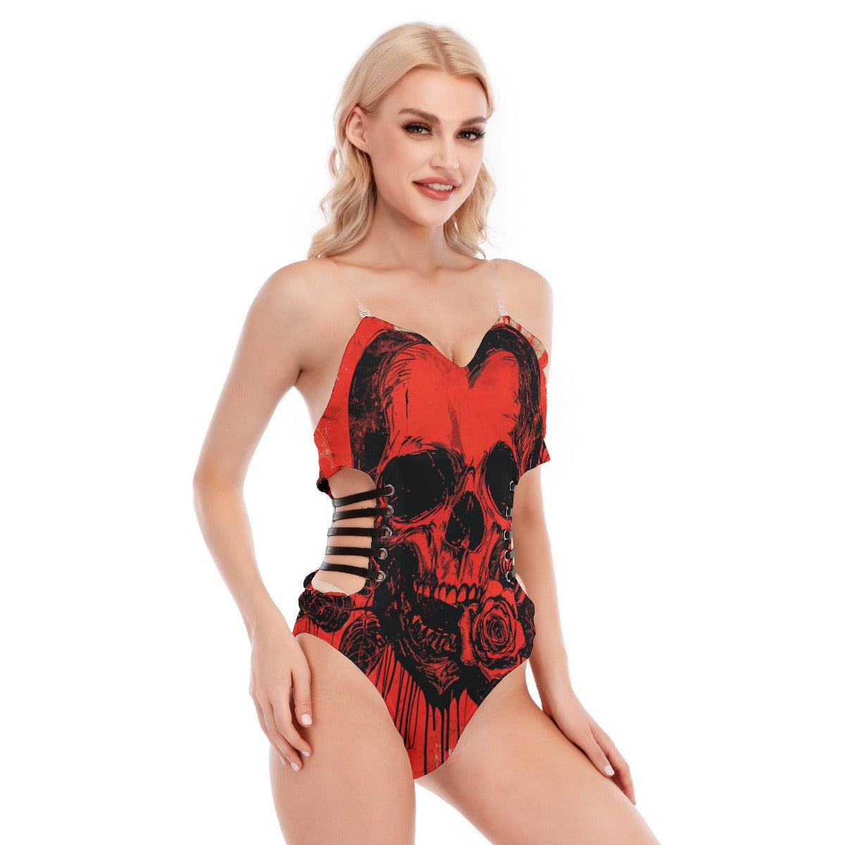 Stylish Red and Black Skull Print Tube Top Bodysuit with Adjustable Side Straps - Perfect for Halloween, Cosplay, and Edgy Streetwear Outfits