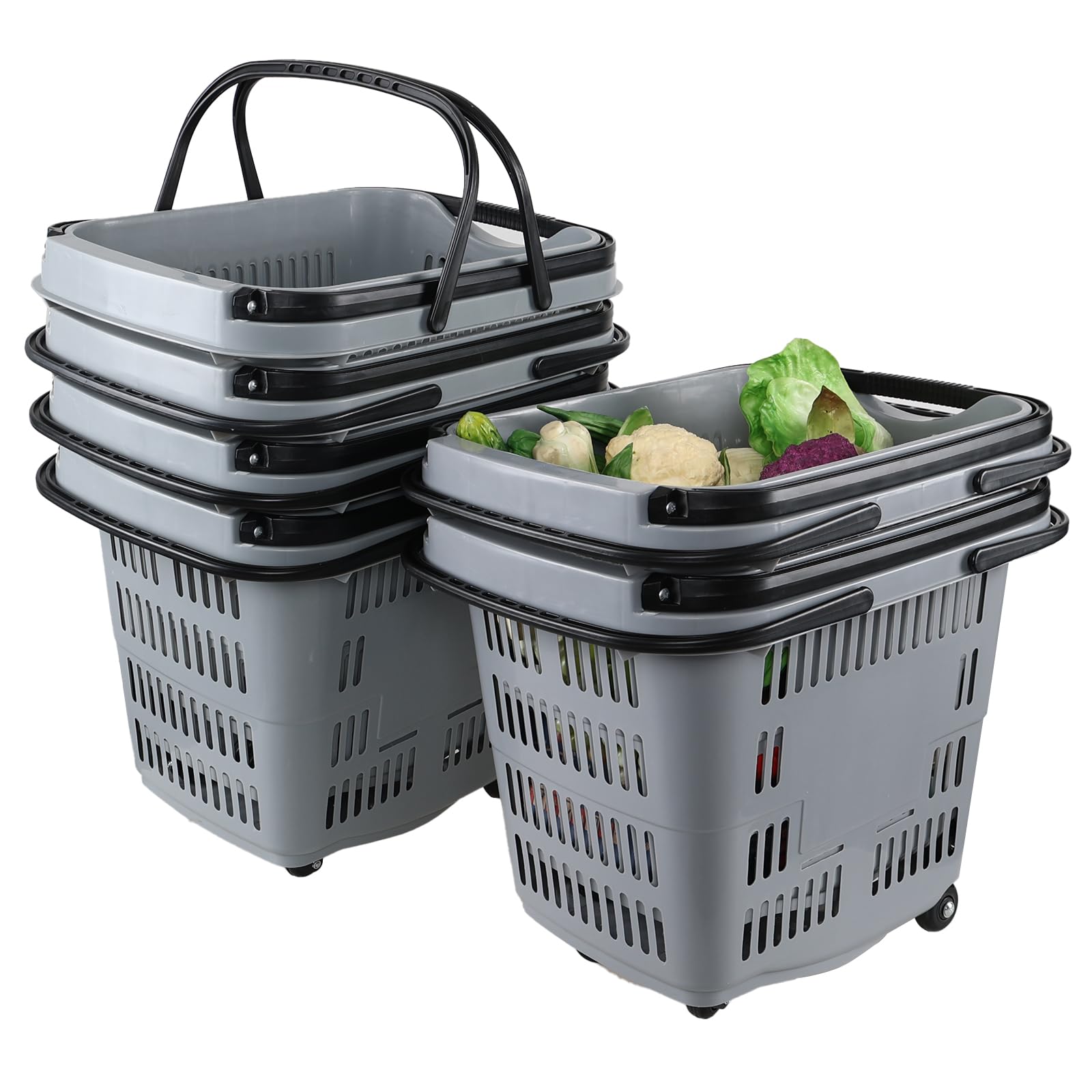 Jekiyo 50L Plastic Rolling Shopping Basket with Handle - 6 Pack Large Grocery Cart for Supermarket, Warehouse & Home Organization - Grey (Ideal for Shopping, Storage & Laundry)