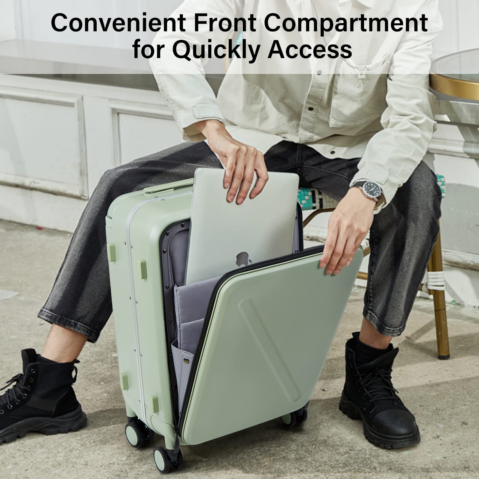 MILADA 20 Inch Hard Shell Carry-On Luggage with Front Opening Pocket - TSA Approved, Airline Compliant (22x14x9 Inches) - Lightweight Spinner Suitcase with 360° Wheels & Wide Handle for Travel - Perfect for Business Trips & Weekend Getaways - Green