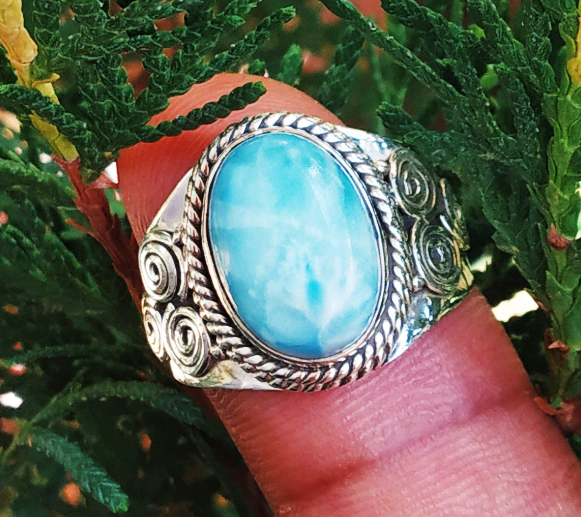Larimar Ring - 92.5% Sterling Silver Dominican Sky Stone Jewelry | Boho Healing Blue Stone Vintage Style Ring | Perfect for Engagement Gifts, BFF Presents & Spiritual Healing | Handcrafted Artisan Jewelry for Women
